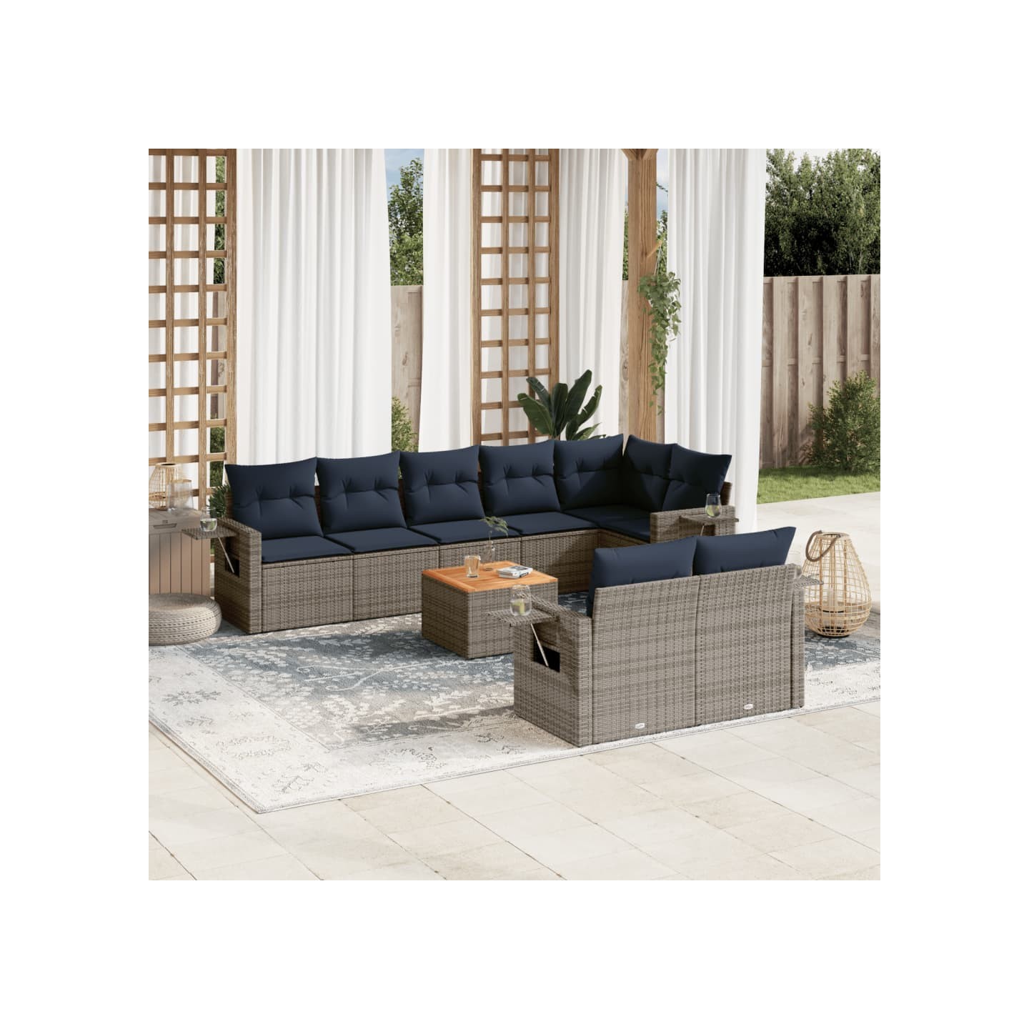 Ensemble de canapé de jardin 9 pcs avec coussins gris résine tressée