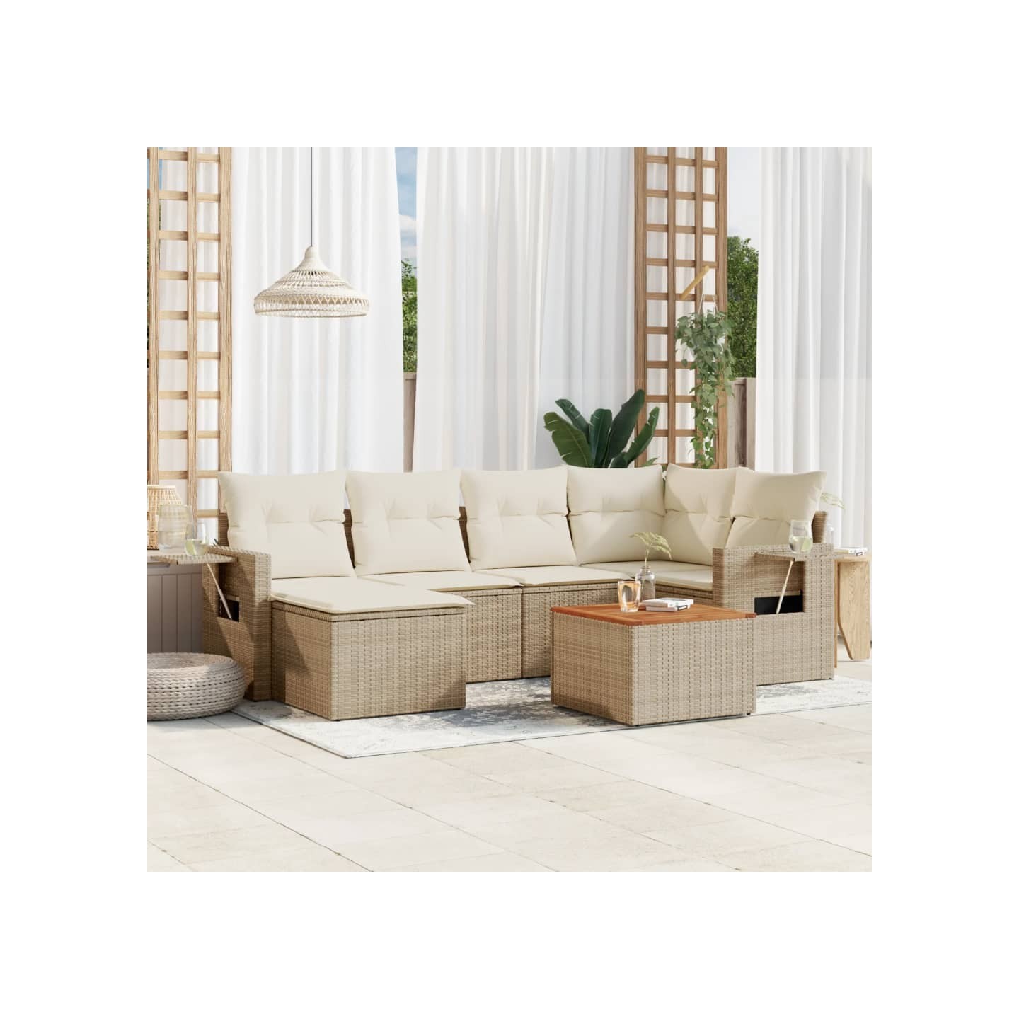 Salon de jardin avec coussins 7 pcs beige résine tressée