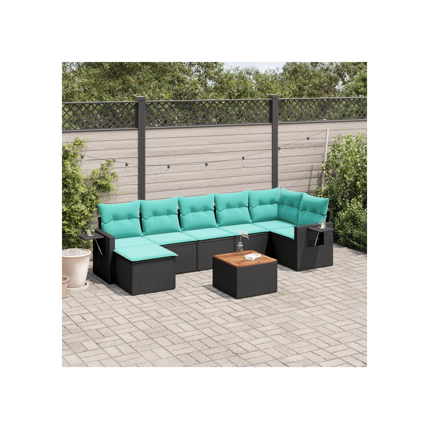 Ensemble de canapé de jardin 8 pcs avec coussins noir résine tressée