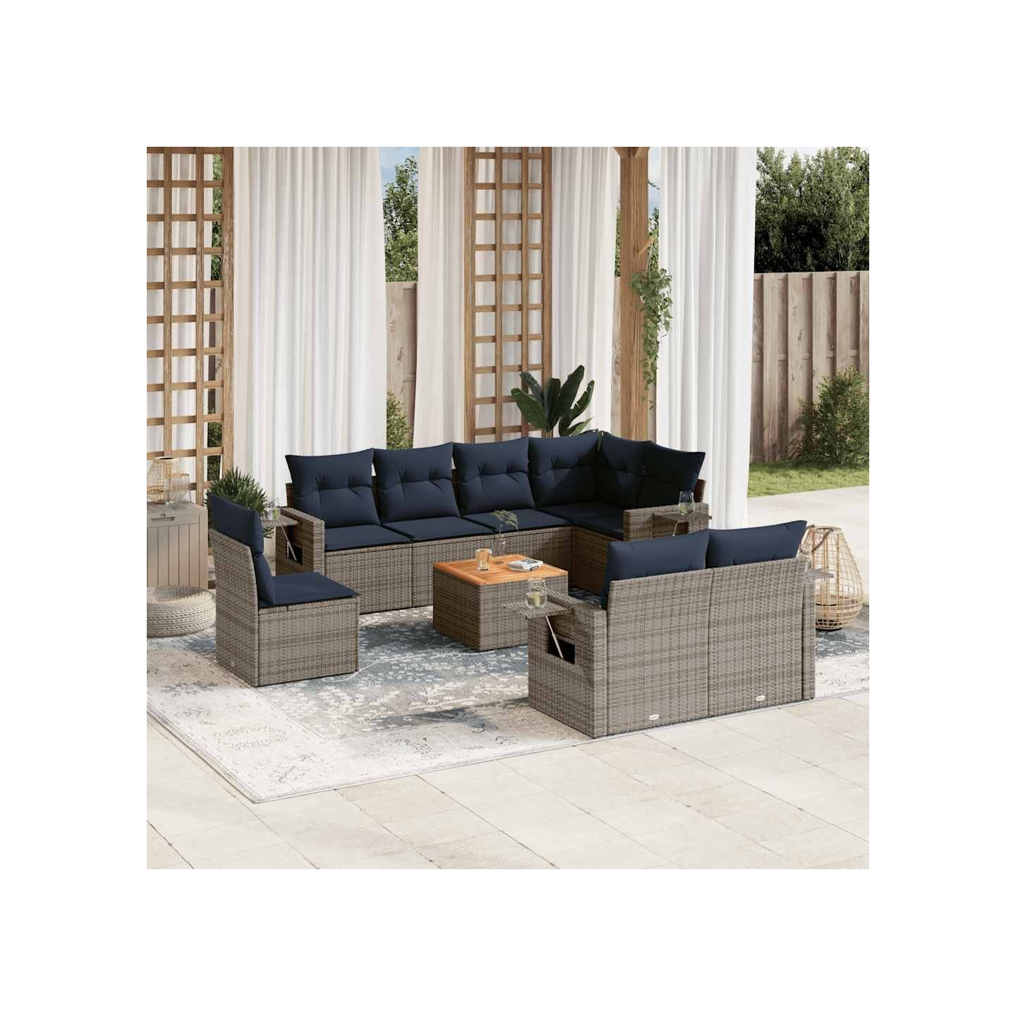 Ensemble de canapé de jardin 9 pcs avec coussins gris résine tressée