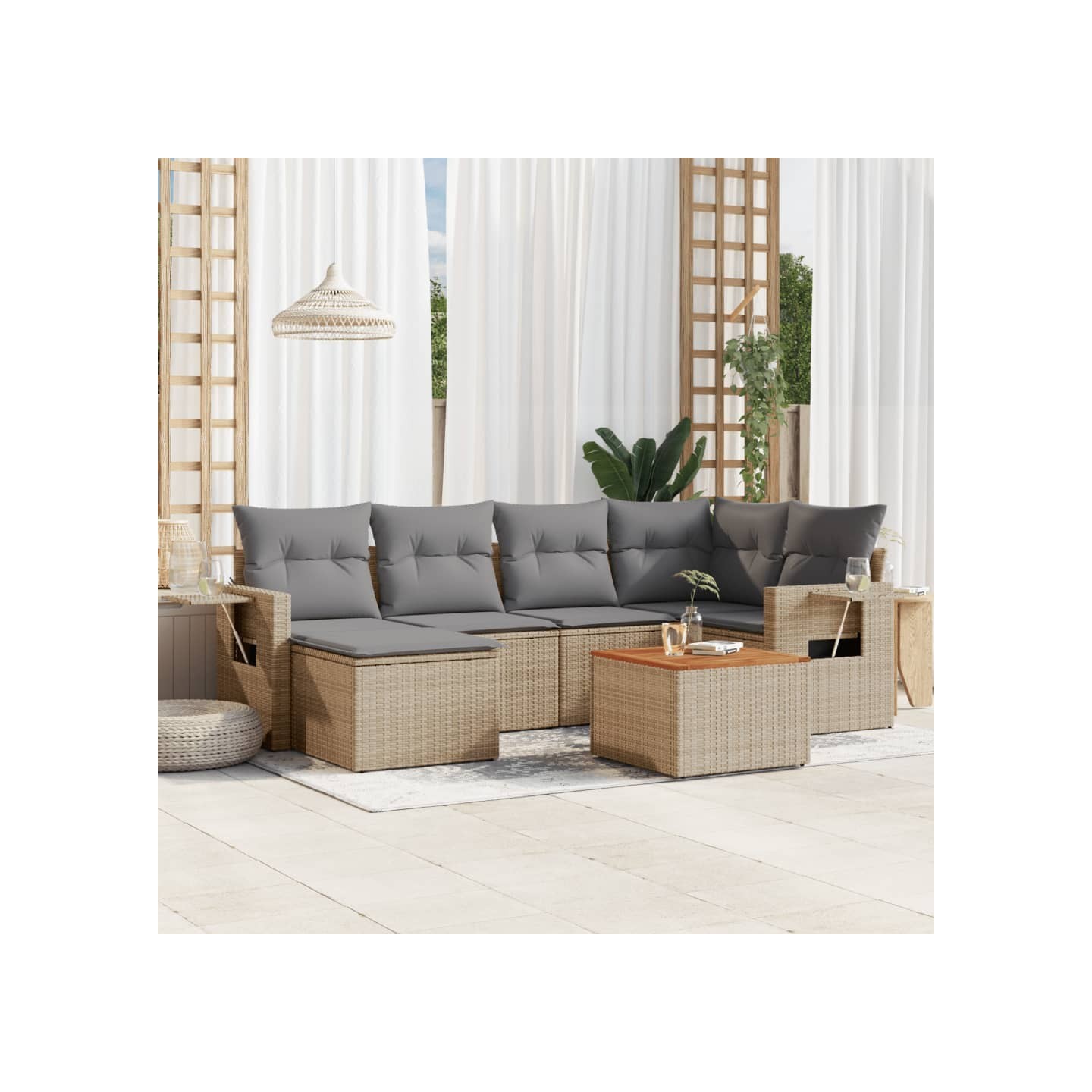 Salon de jardin avec coussins 7 pcs beige résine tressée