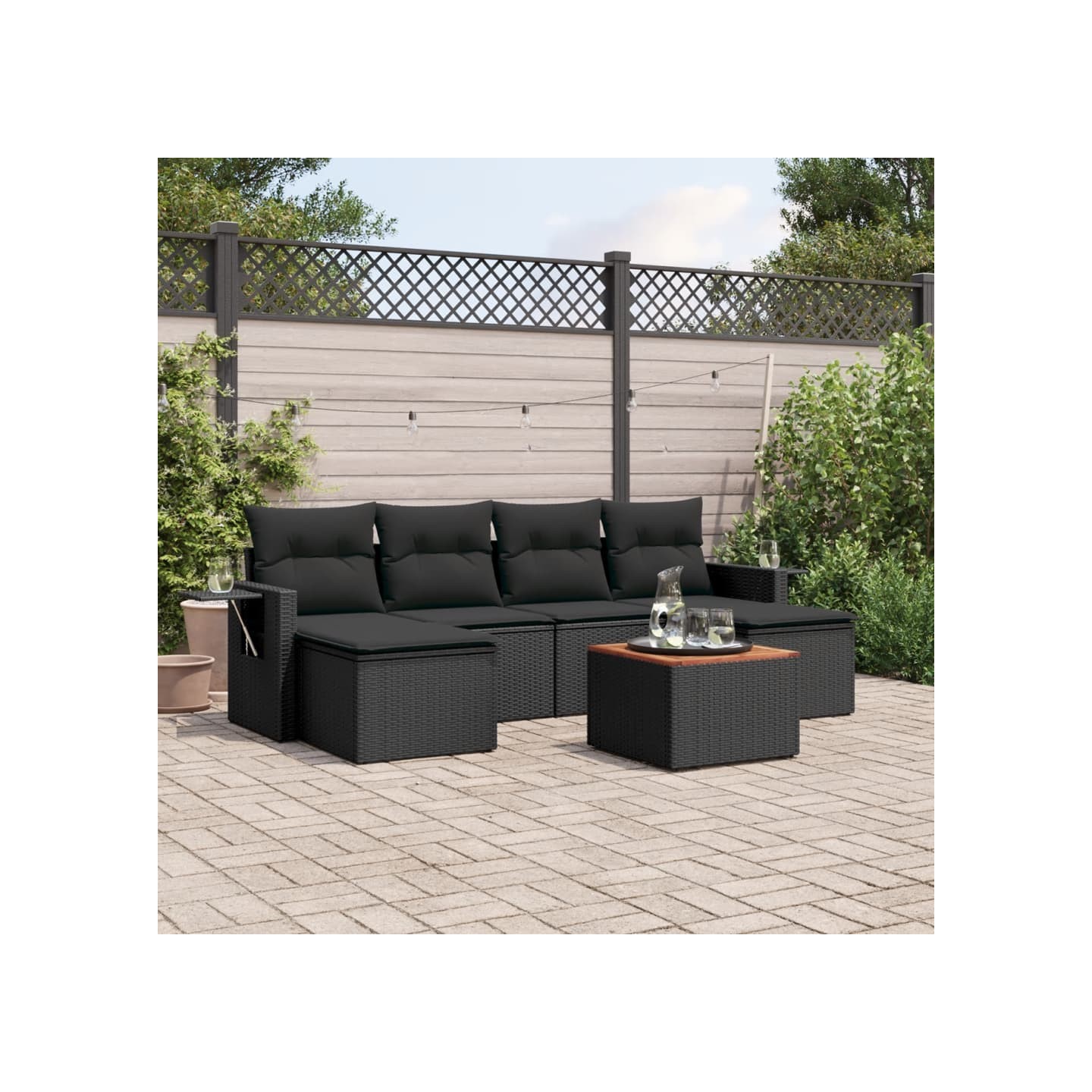 Salon de jardin 7 pcs avec coussins noir résine tressée