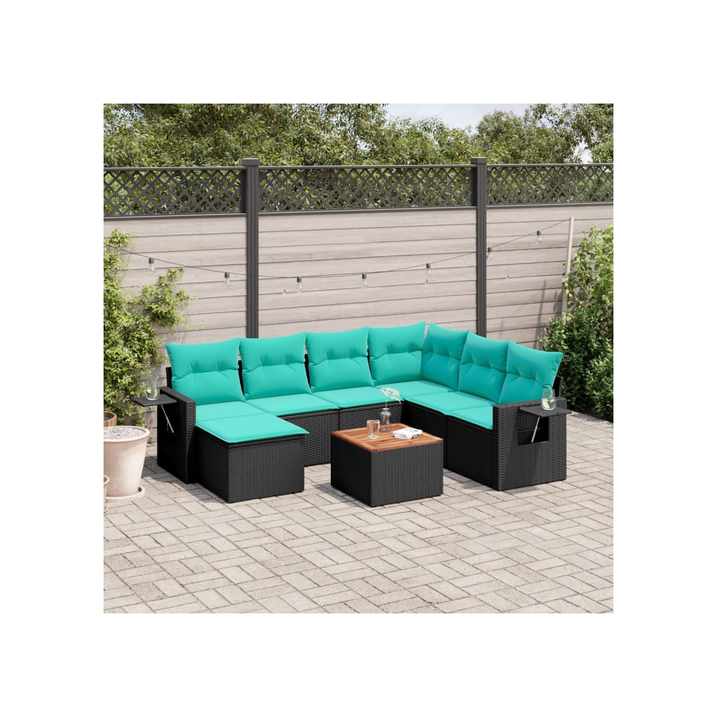 Ensemble de canapé de jardin 8 pcs avec coussins noir résine tressée