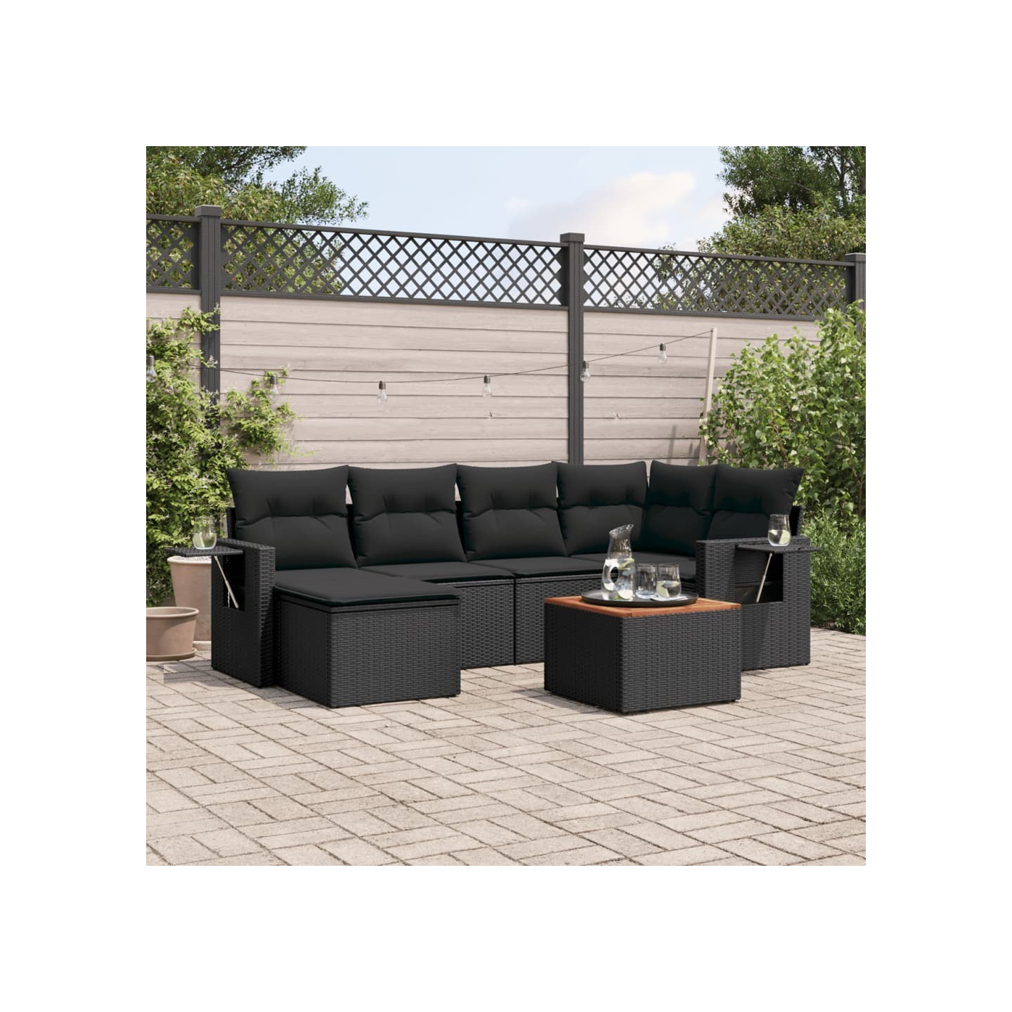 Salon de jardin 7 pcs avec coussins noir résine tressée