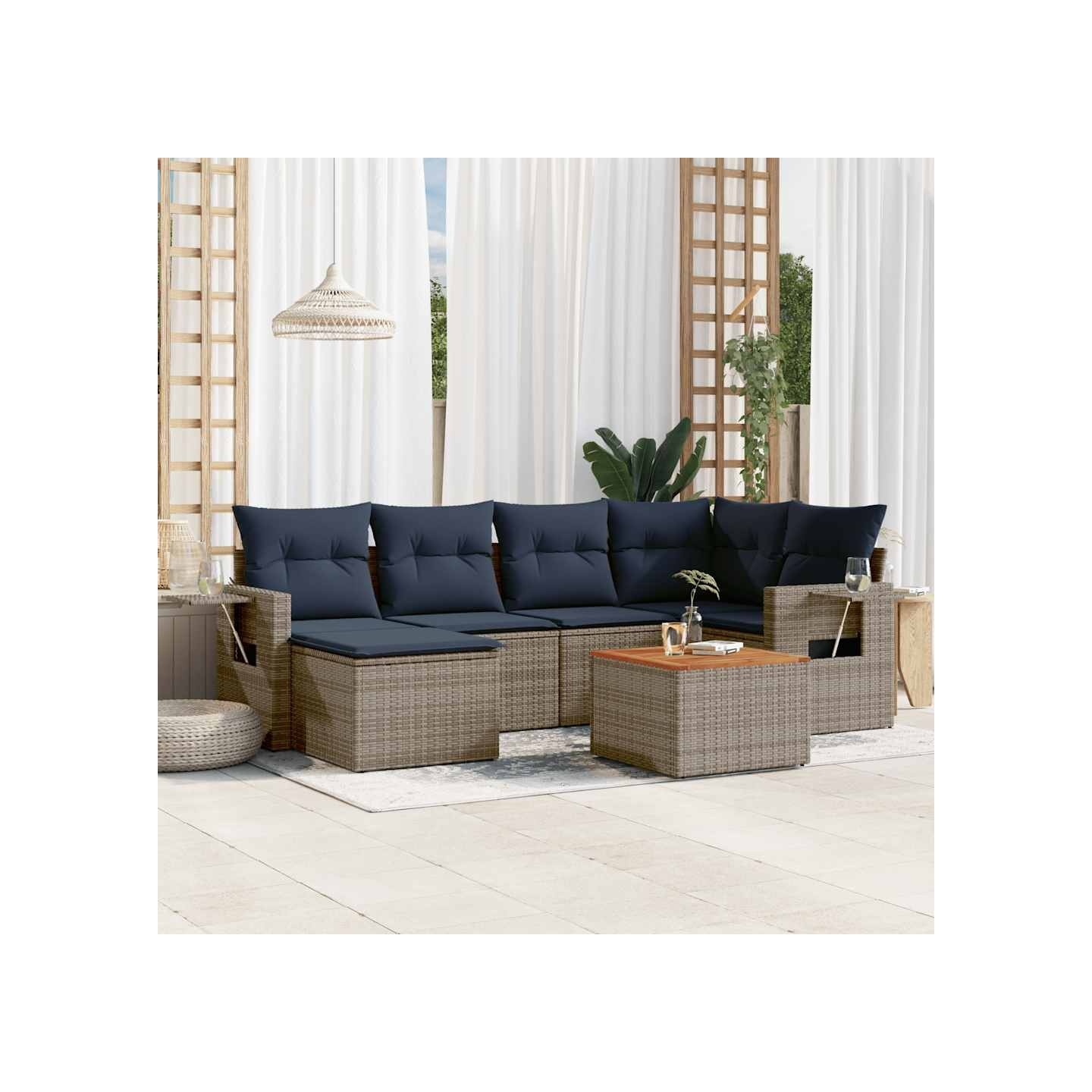 Ensemble de canapé de jardin 7 pcs avec coussins gris résine tressée