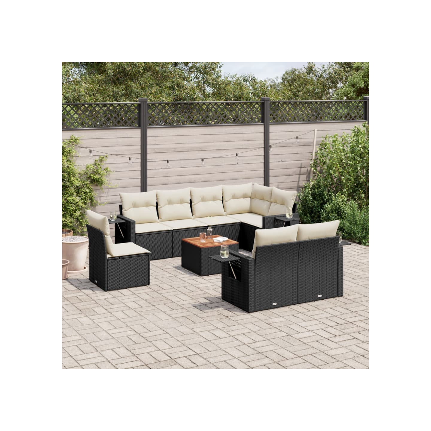 Salon de jardin 9 pcs avec coussins noir résine tressée