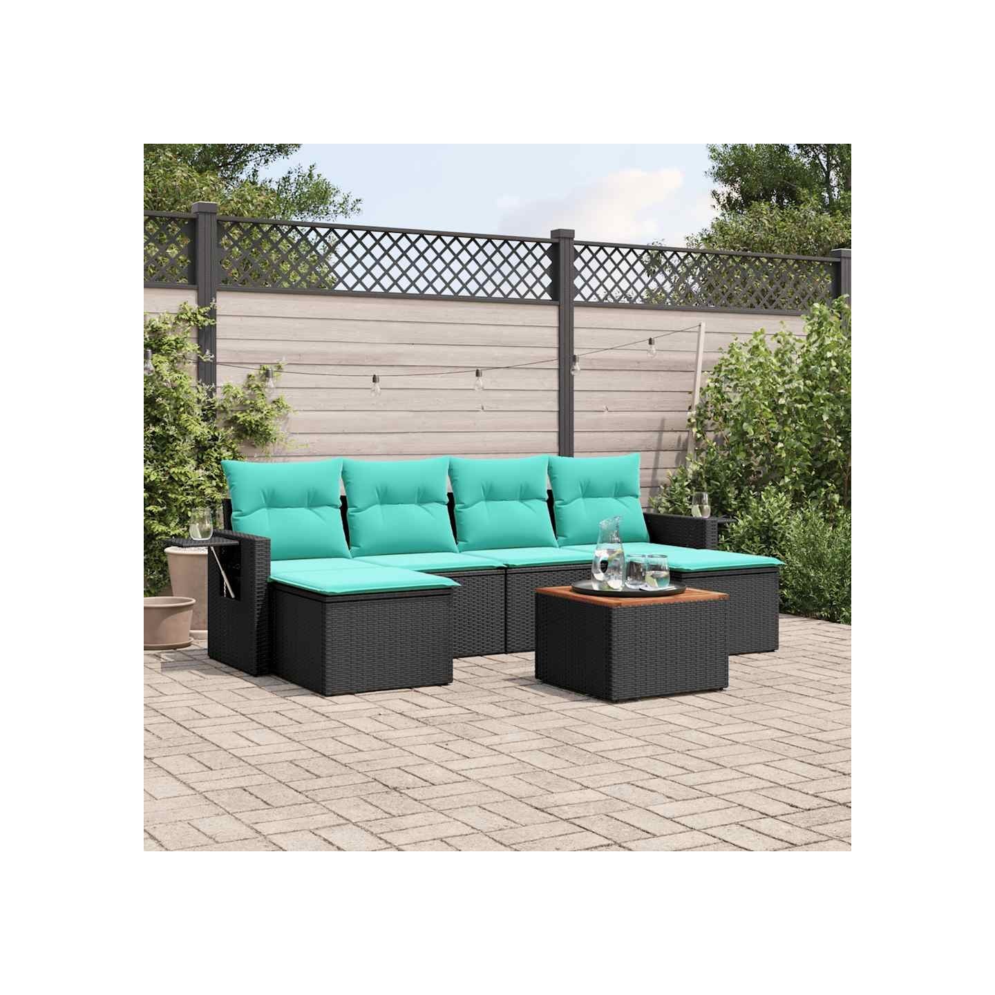 Ensemble de canapé de jardin 7 pcs avec coussins noir résine tressée