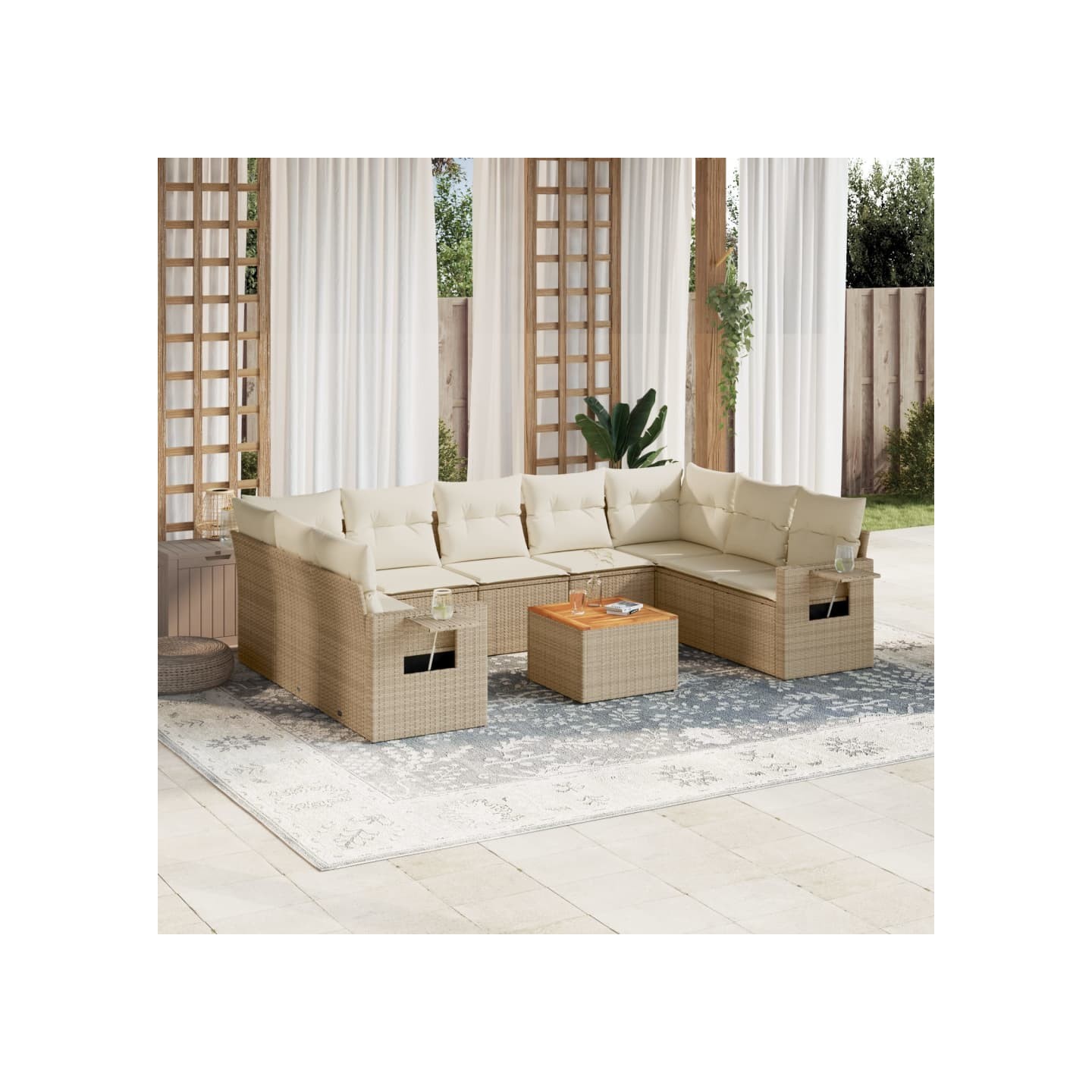 Salon de jardin avec coussins 10 pcs beige résine tressée
