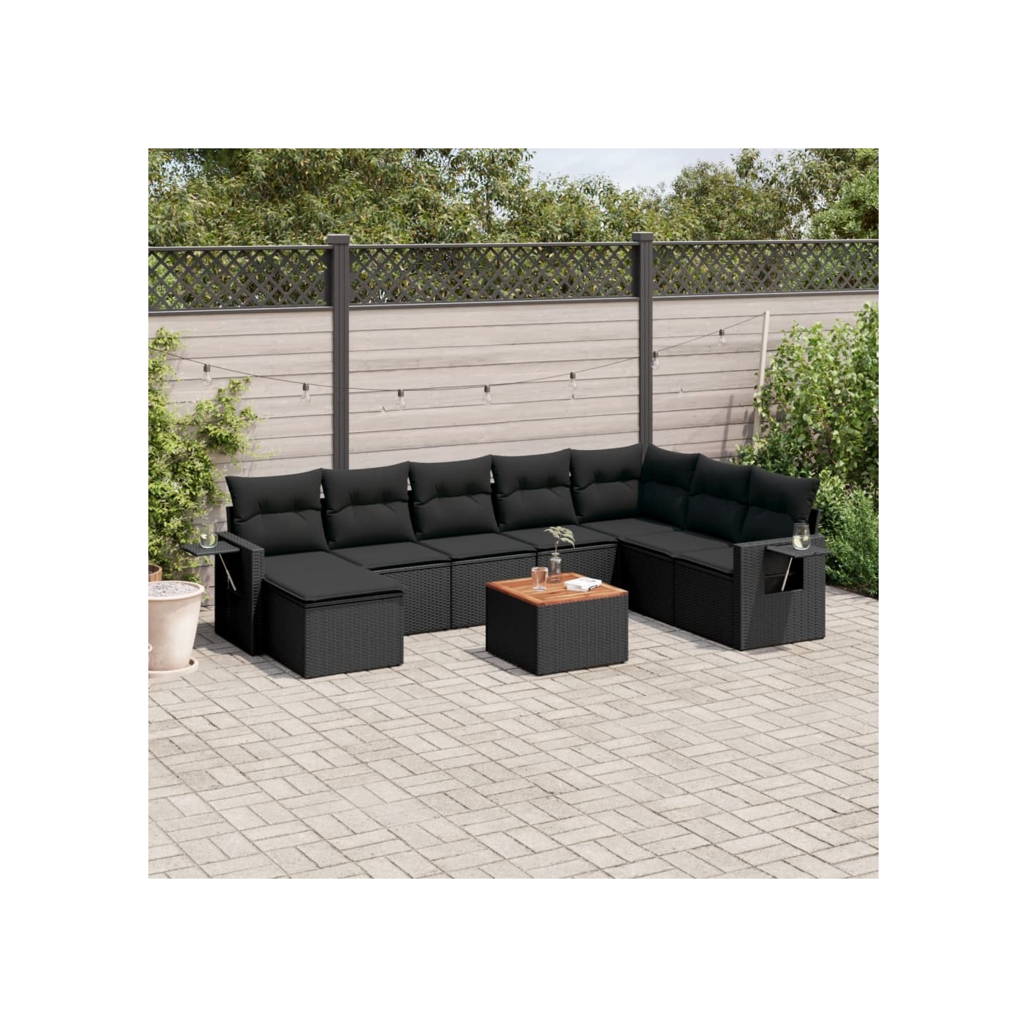 Salon de jardin 9 pcs avec coussins noir résine tressée