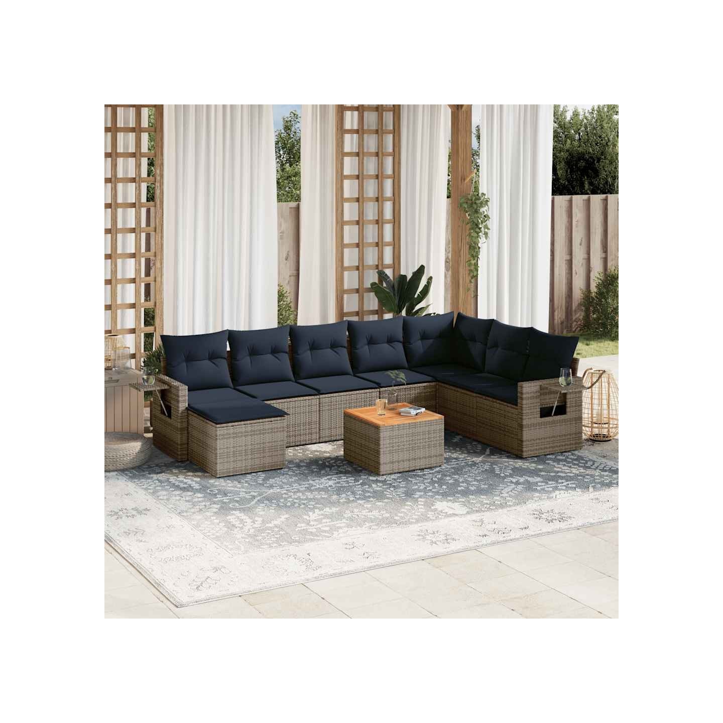 Ensemble de canapé de jardin 9 pcs avec coussins gris résine tressée