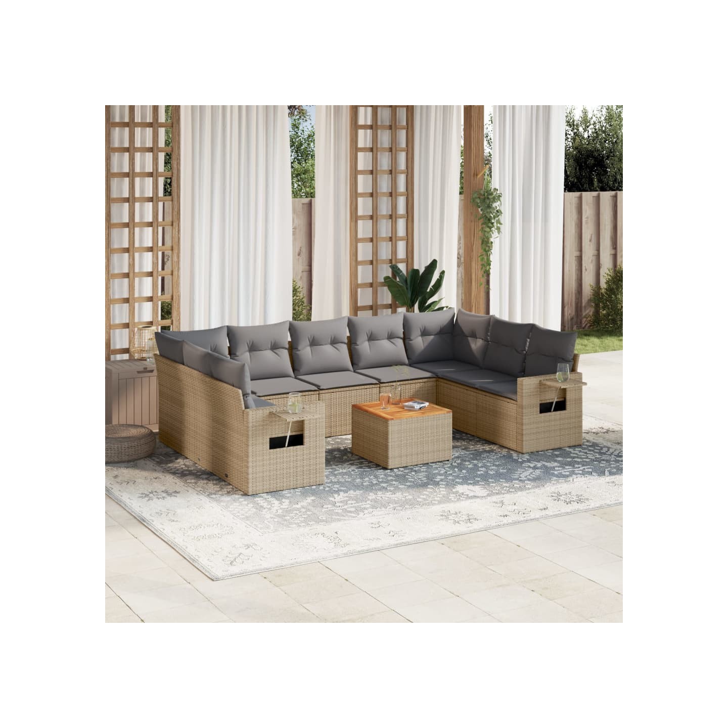 Salon de jardin avec coussins 10 pcs beige résine tressée