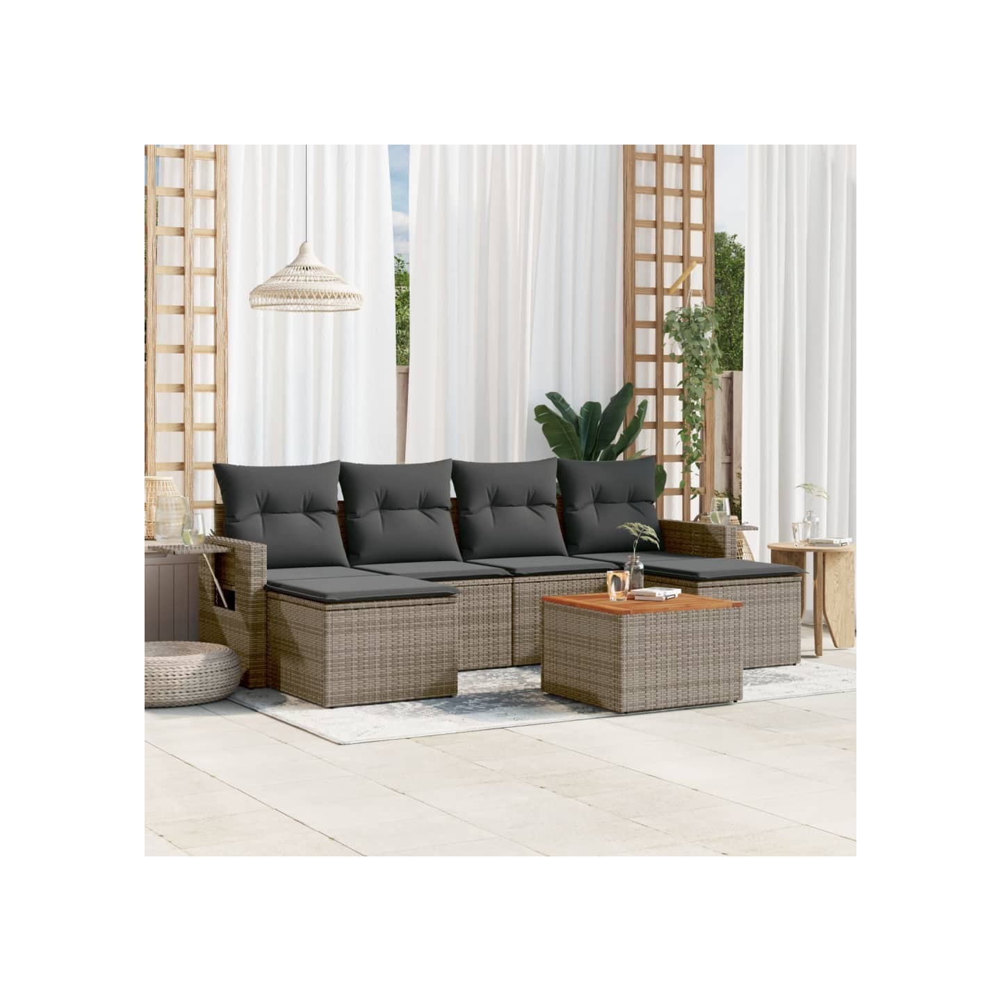 Salon de jardin avec coussins 7 pcs gris résine tressée