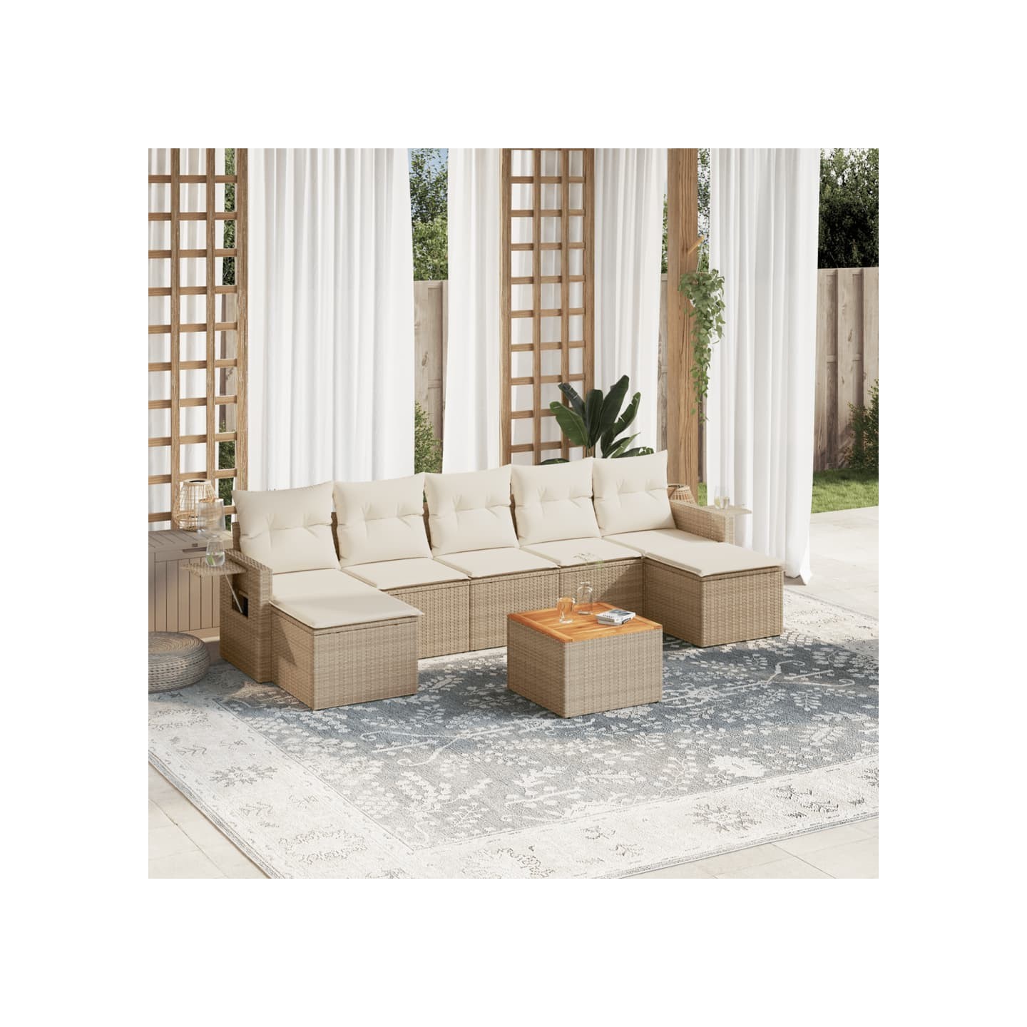 Salon de jardin avec coussins 8 pcs beige résine tressée
