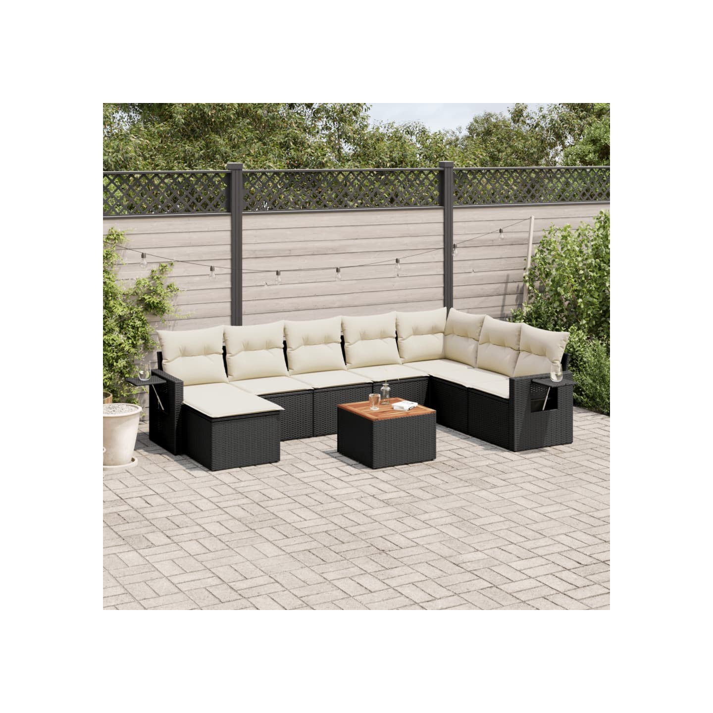 Salon de jardin 9 pcs avec coussins noir résine tressée