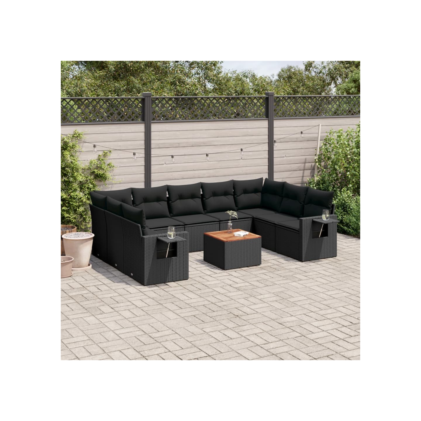 Salon de jardin 10 pcs avec coussins noir résine tressée