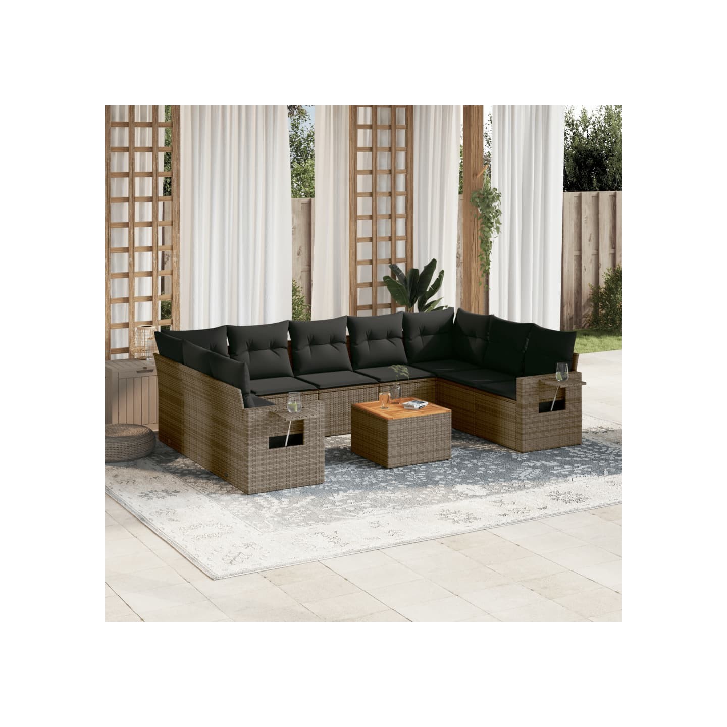 Salon de jardin avec coussins 10 pcs gris résine tressée