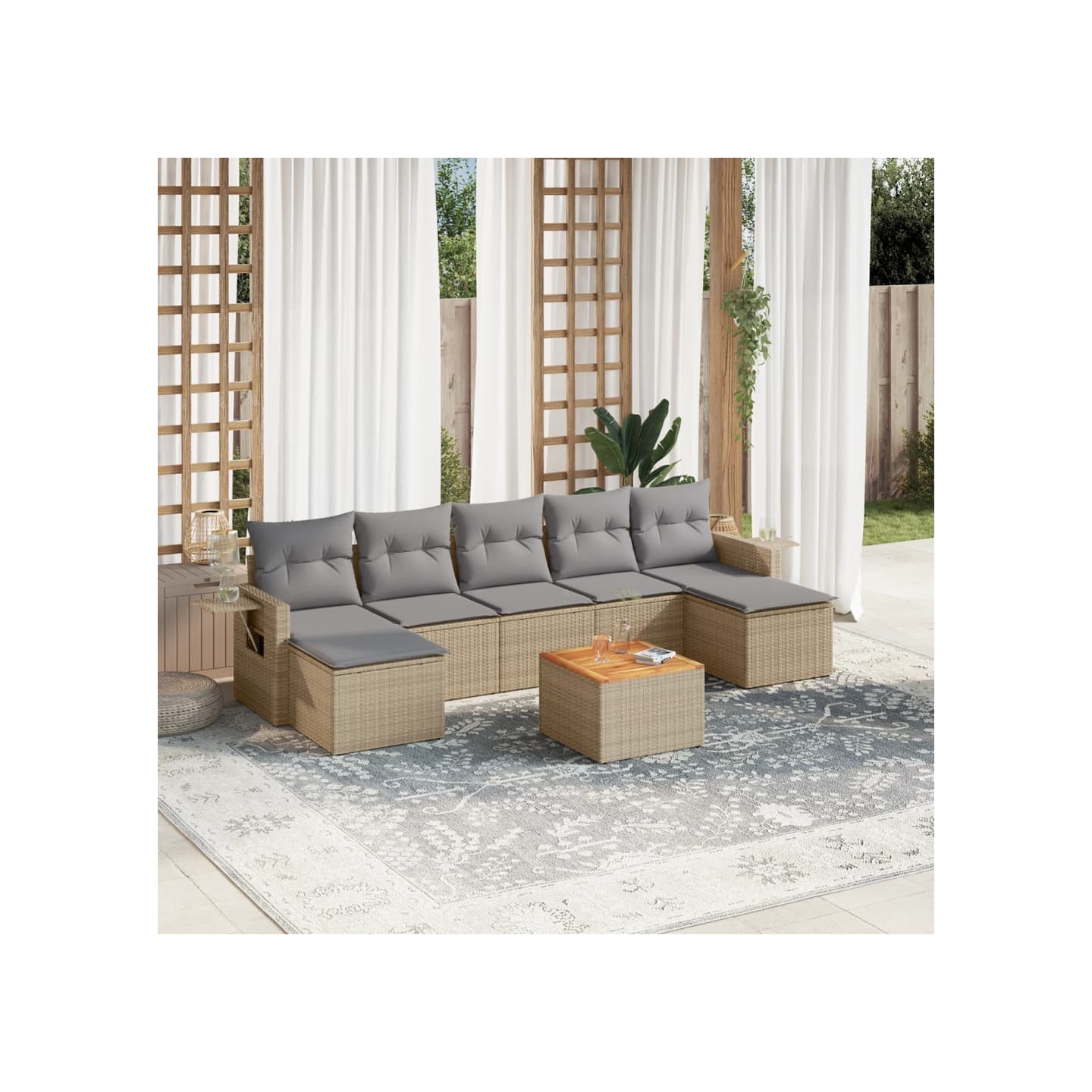 Salon de jardin avec coussins 8 pcs beige résine tressée