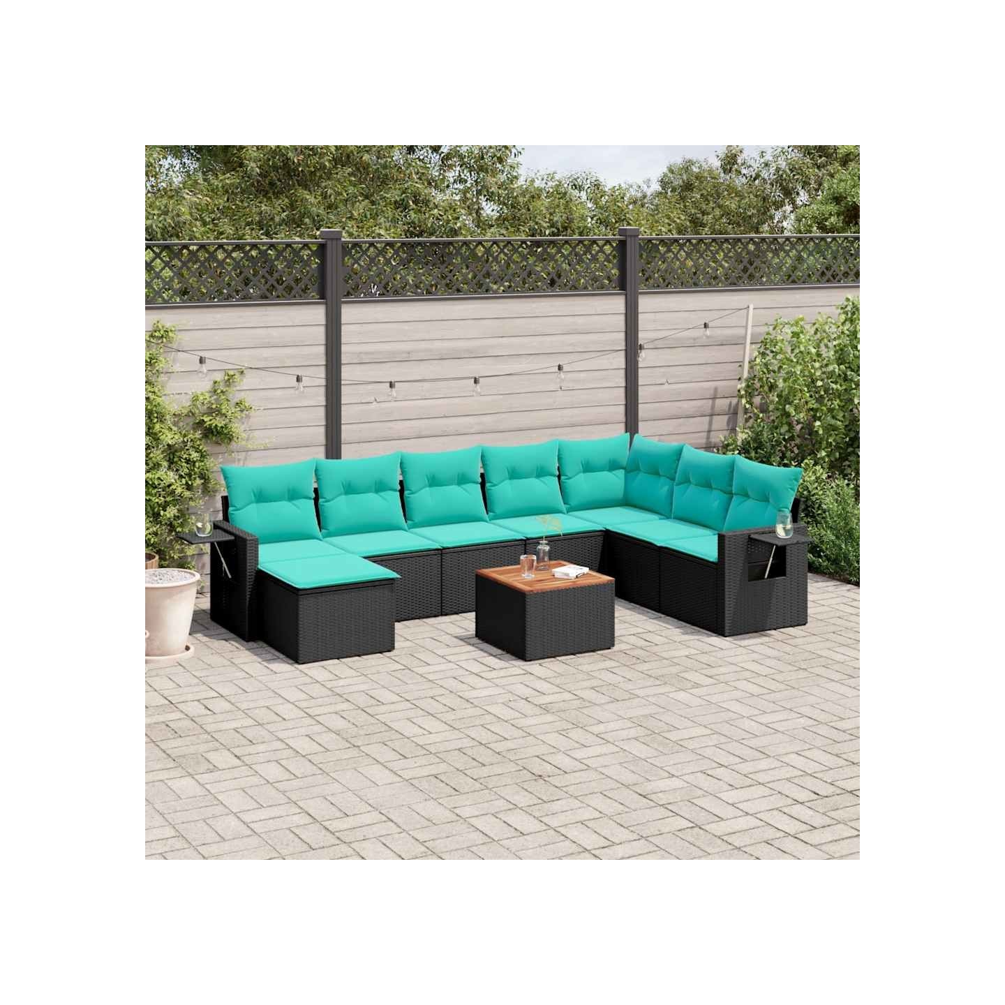 Ensemble de canapé de jardin 9 pcs avec coussins noir résine tressée