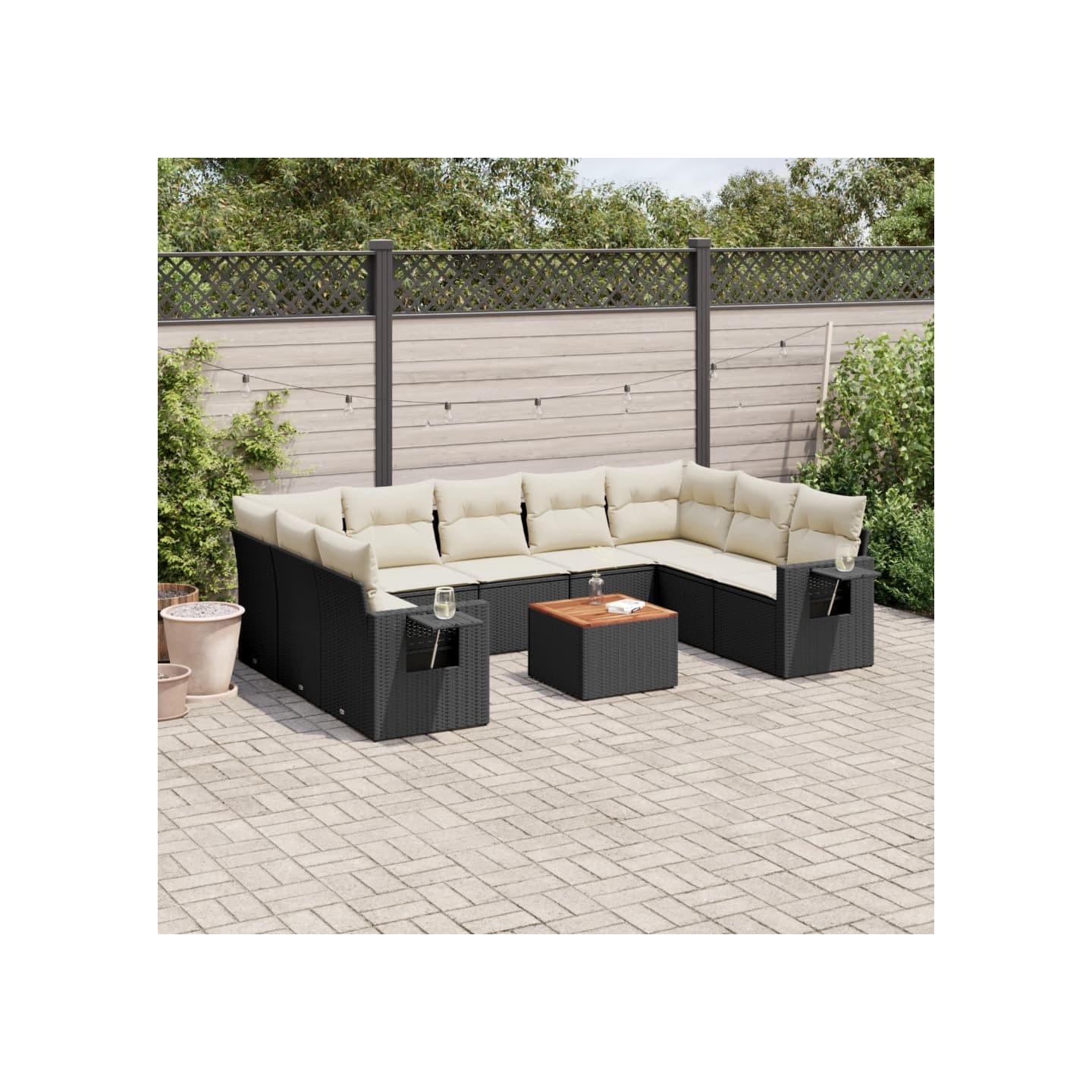 Salon de jardin 10 pcs avec coussins noir résine tressée