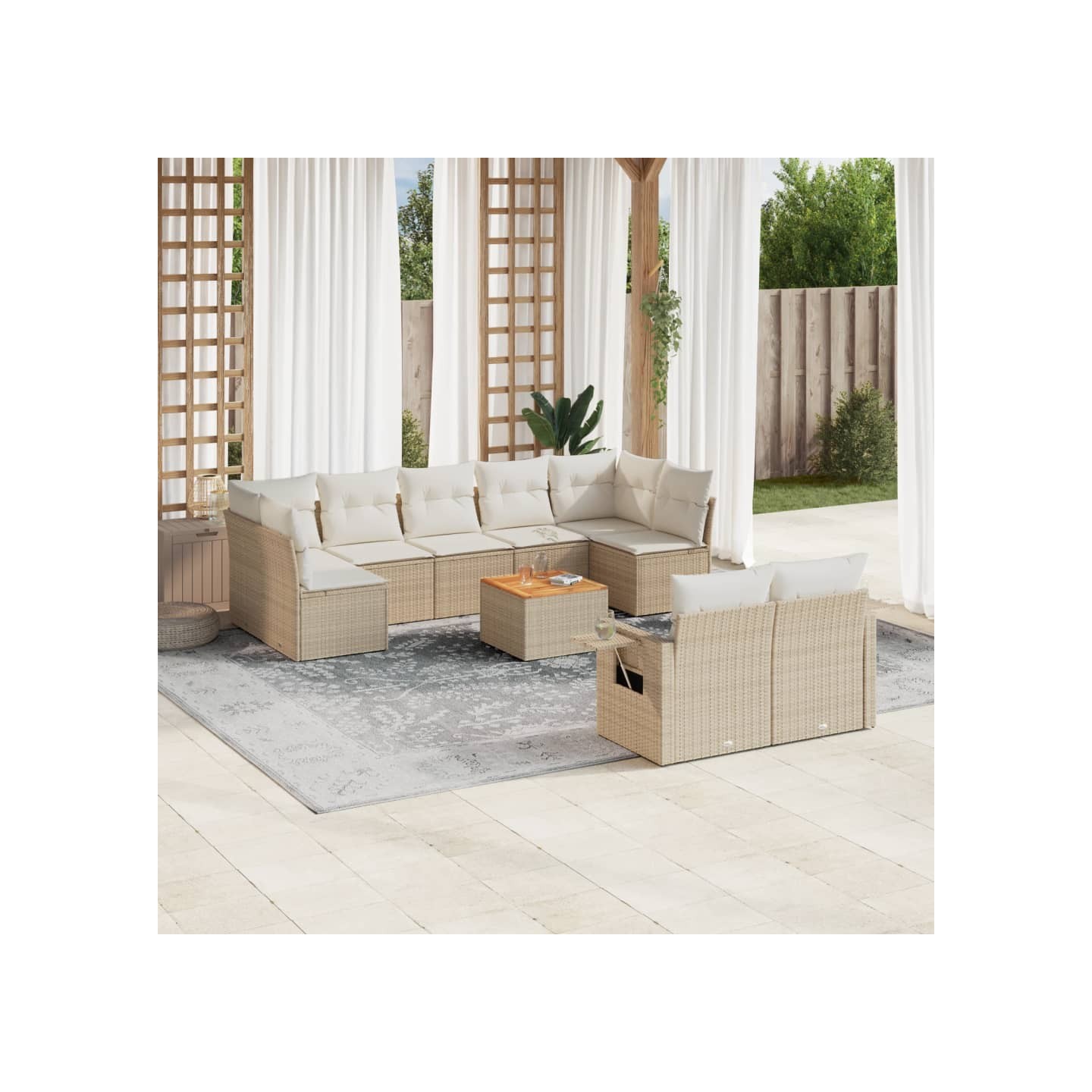 Salon de jardin avec coussins 10 pcs beige résine tressée