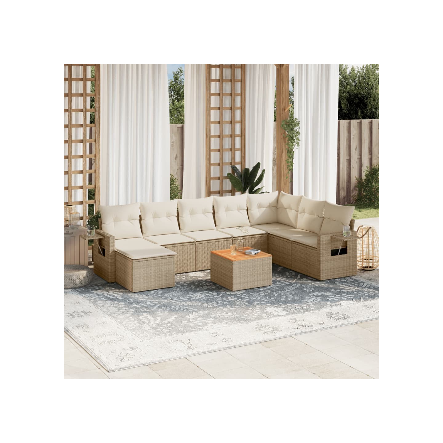 Salon de jardin avec coussins 9 pcs beige résine tressée