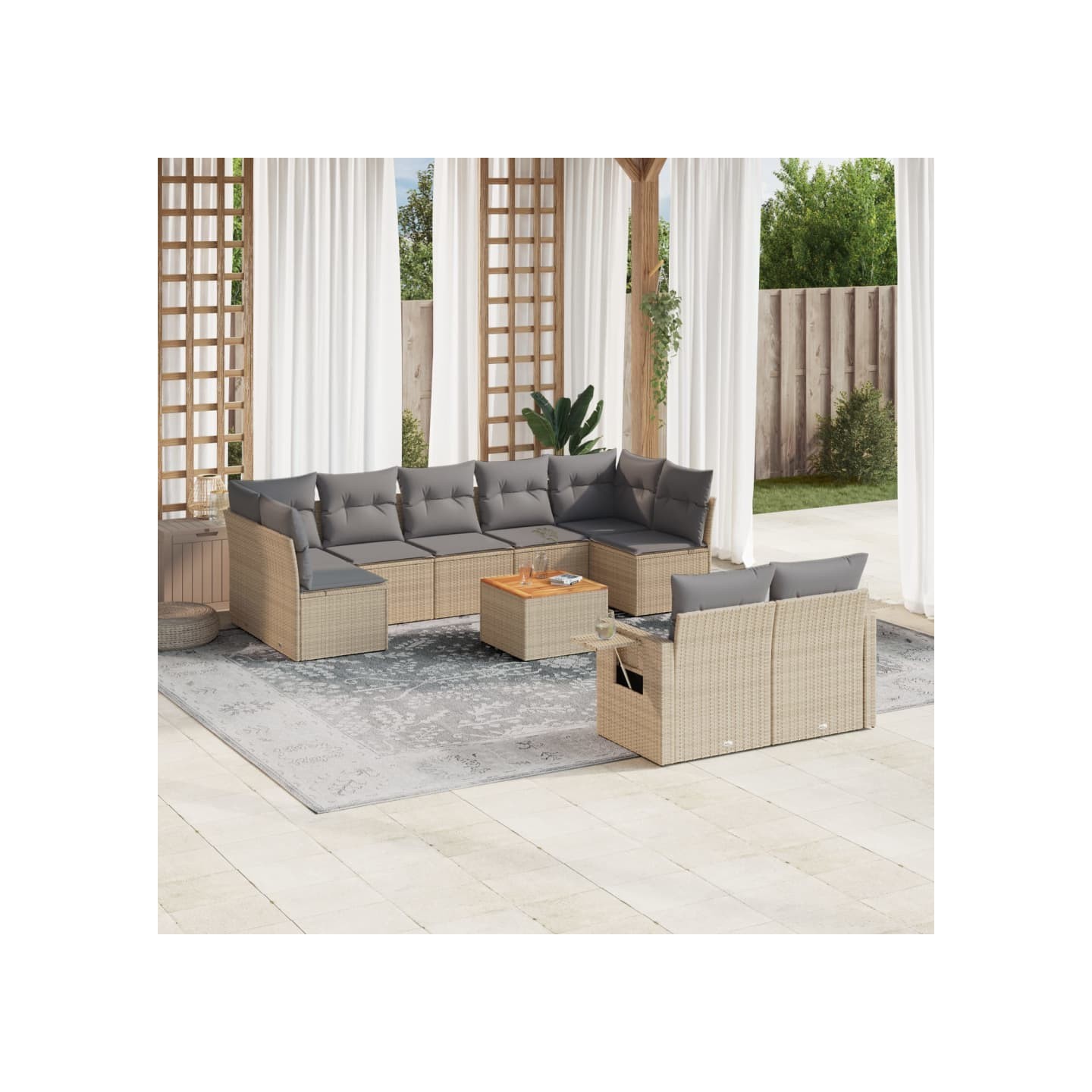 Salon de jardin avec coussins 10 pcs beige résine tressée