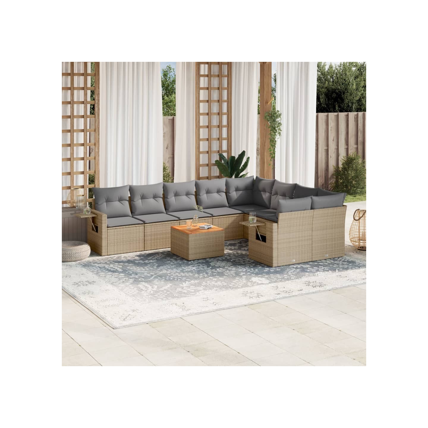 Salon de jardin avec coussins 10 pcs beige résine tressée