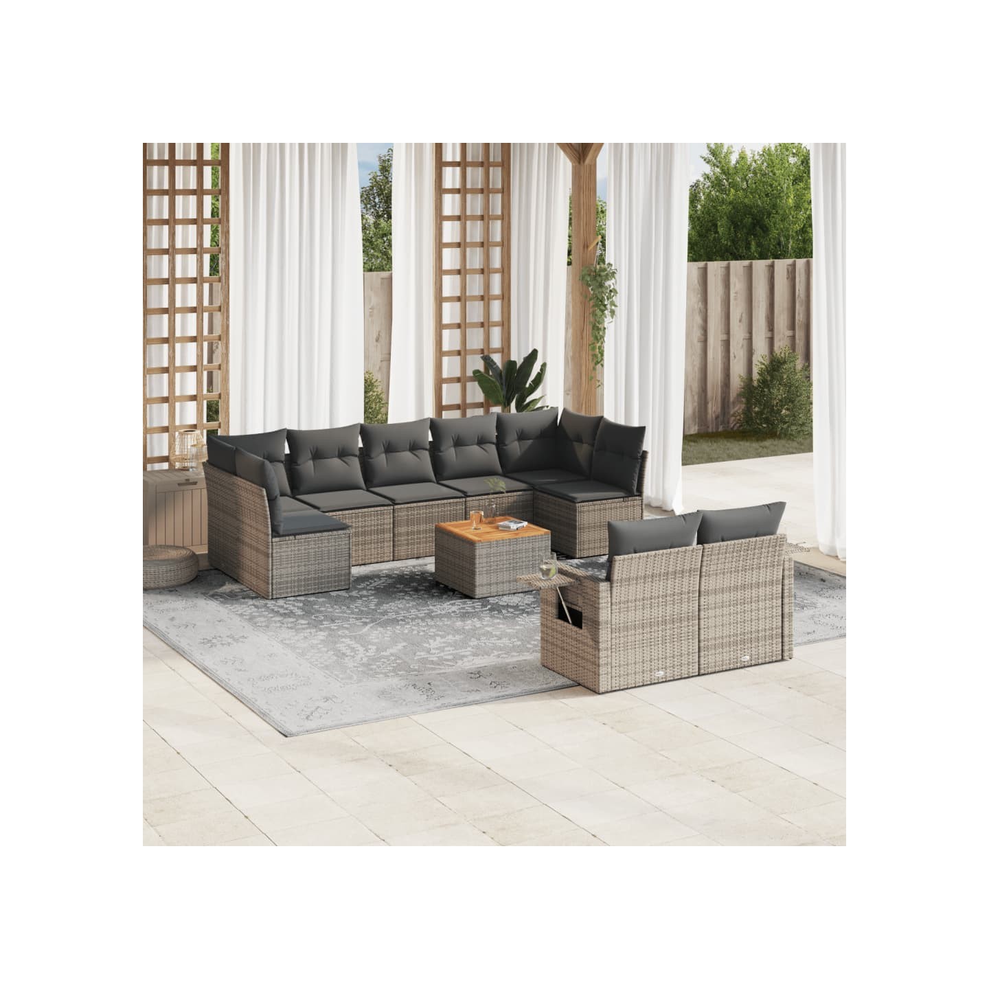 Salon de jardin avec coussins 10 pcs gris résine tressée