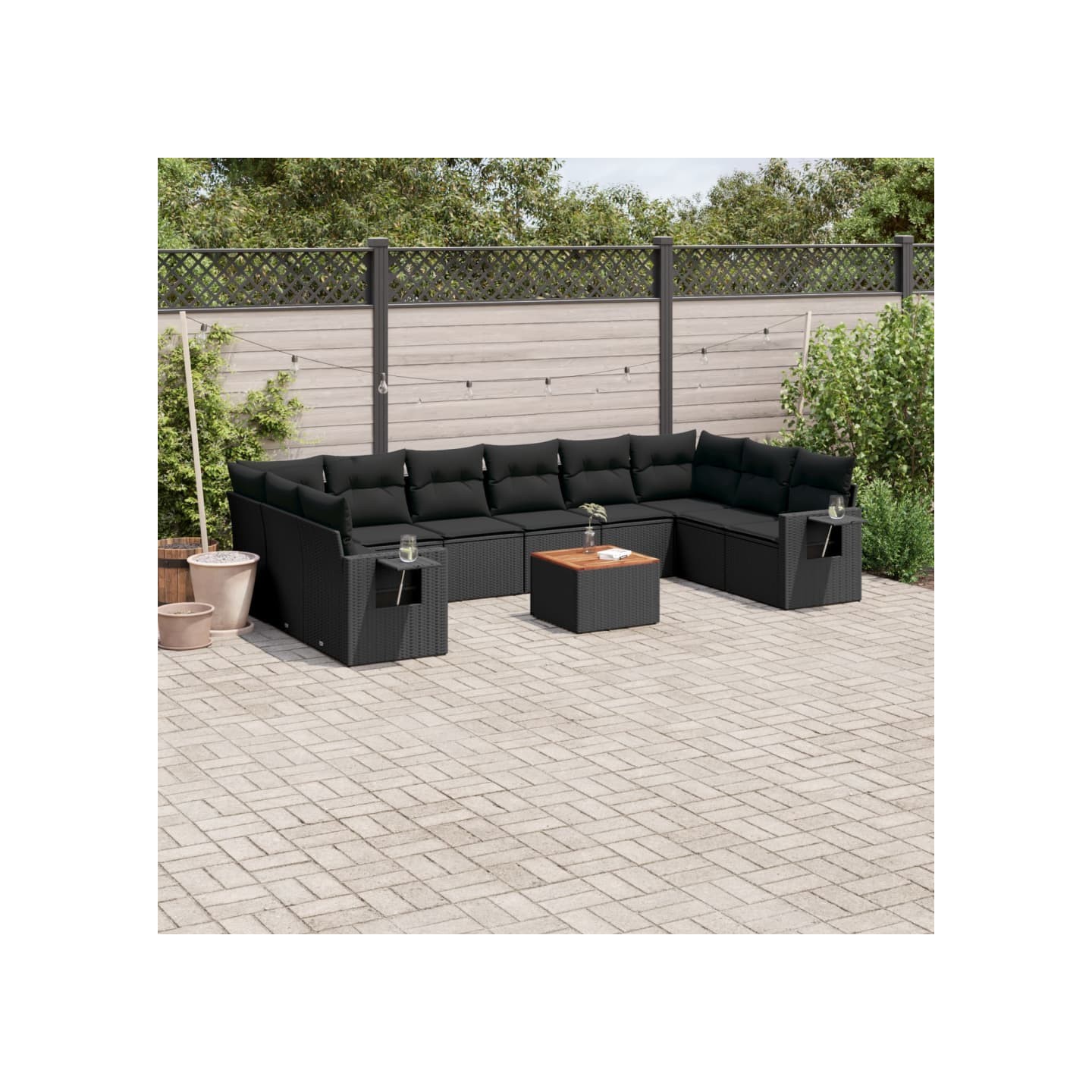 Salon de jardin 11 pcs avec coussins noir résine tressée