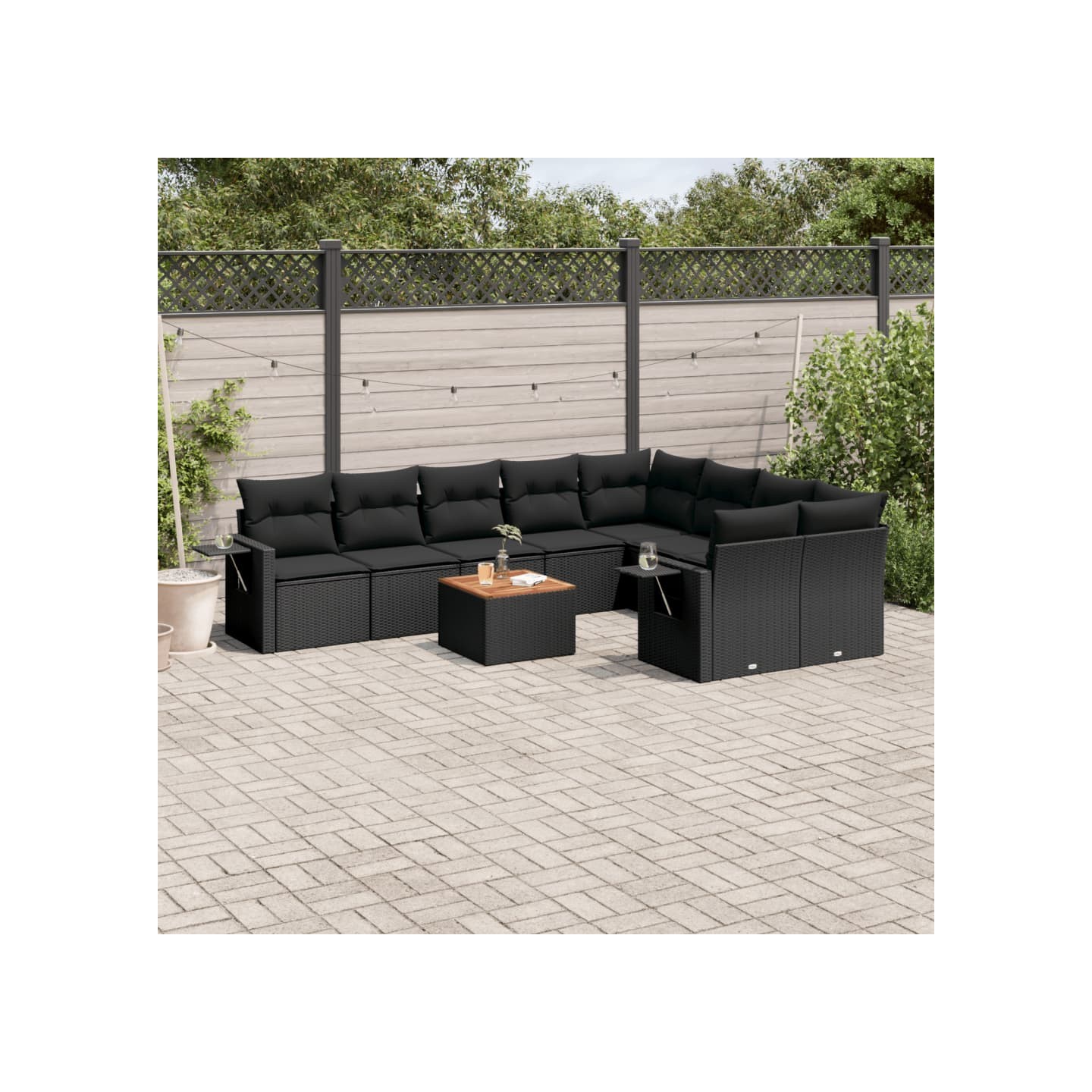 Salon de jardin 10 pcs avec coussins noir résine tressée