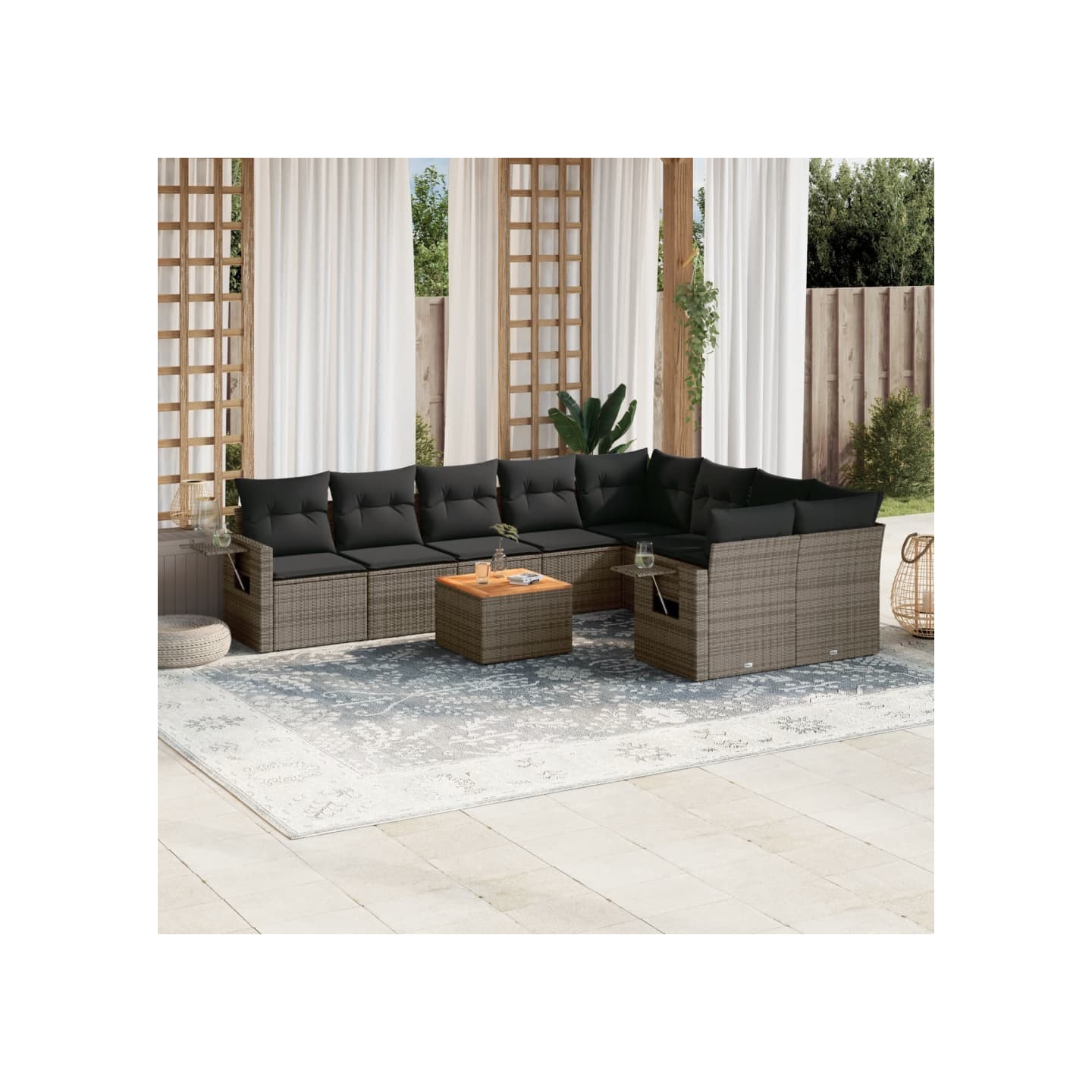 Salon de jardin avec coussins 10 pcs gris résine tressée