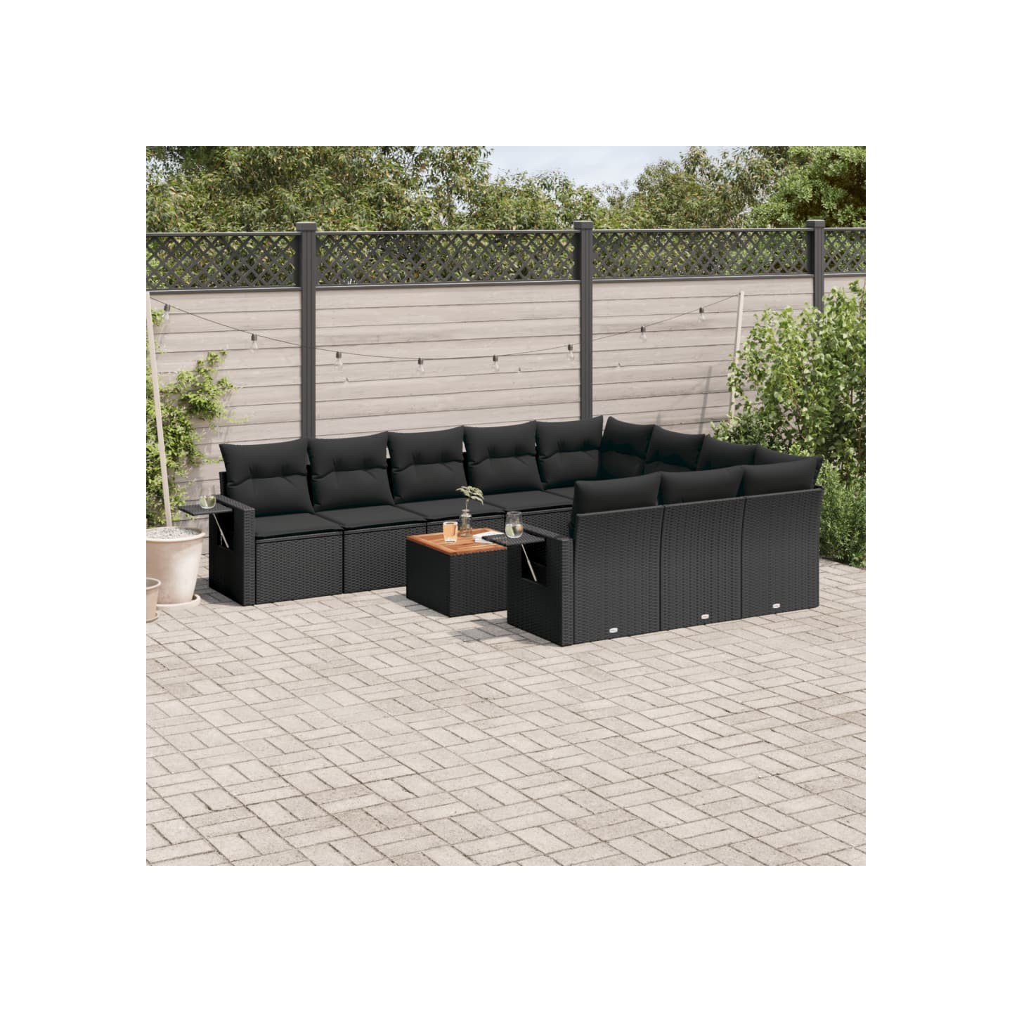 Salon de jardin 11 pcs avec coussins noir résine tressée