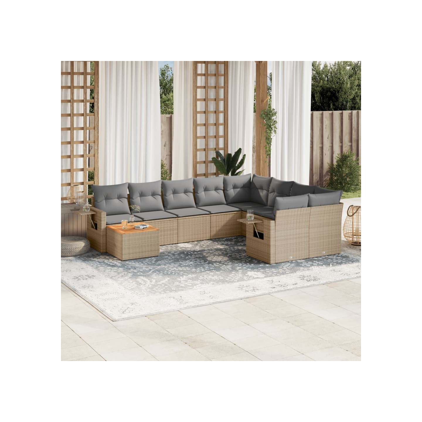 Salon de jardin avec coussins 10 pcs beige résine tressée