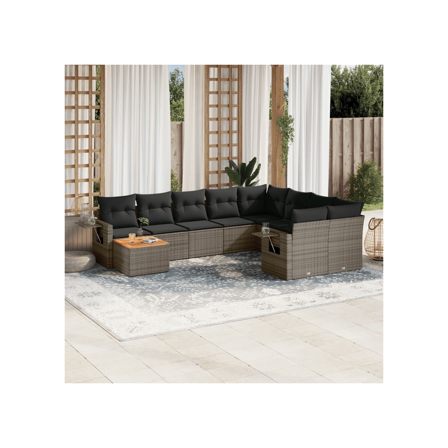 Salon de jardin avec coussins 10 pcs gris résine tressée