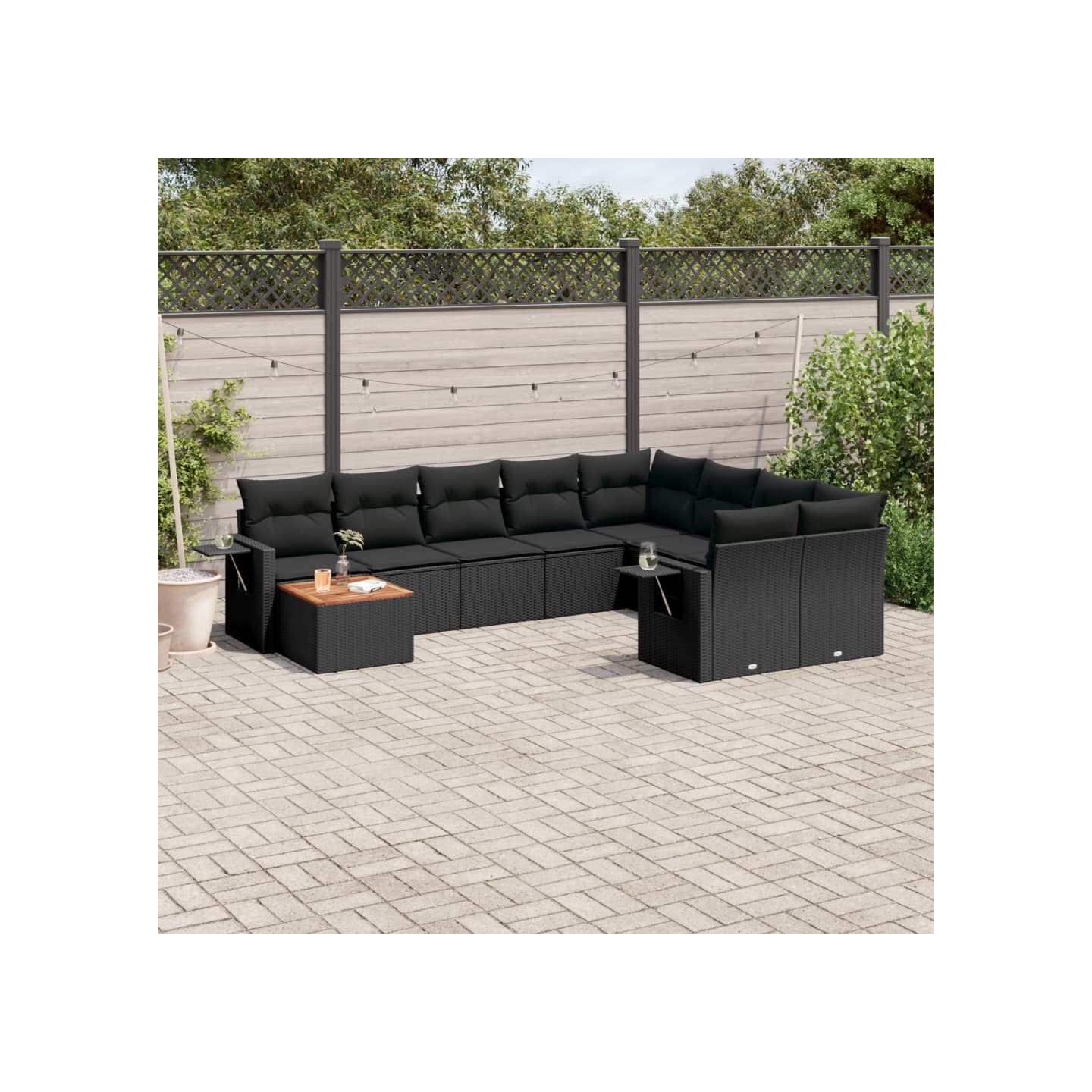 Salon de jardin 10 pcs avec coussins noir résine tressée