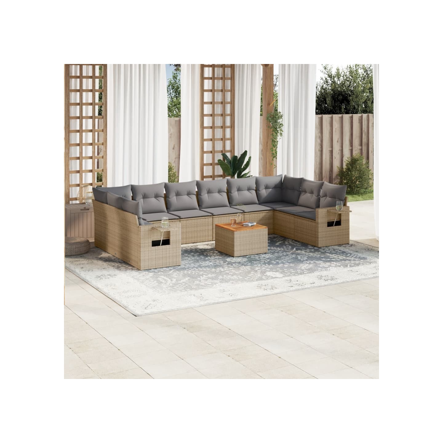 Salon de jardin 11 pcs avec coussins beige résine tressée