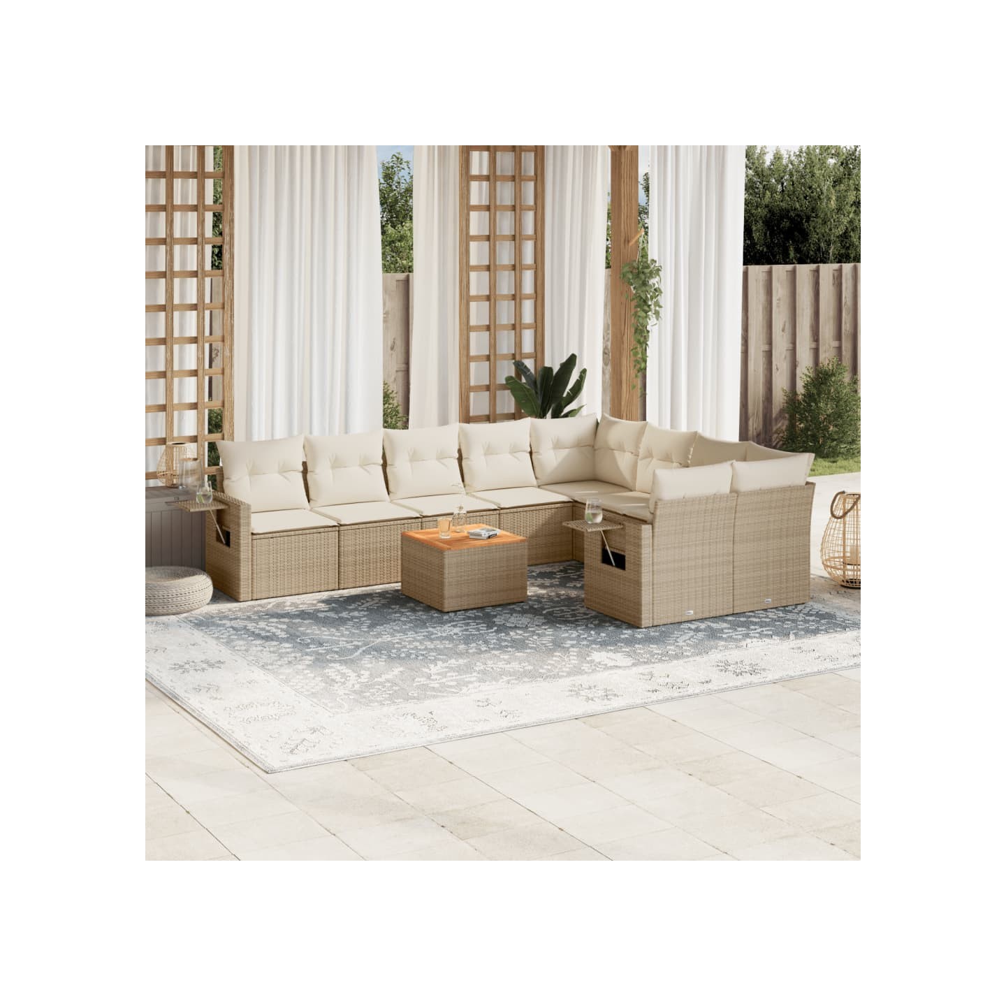 Salon de jardin avec coussins 10 pcs beige résine tressée