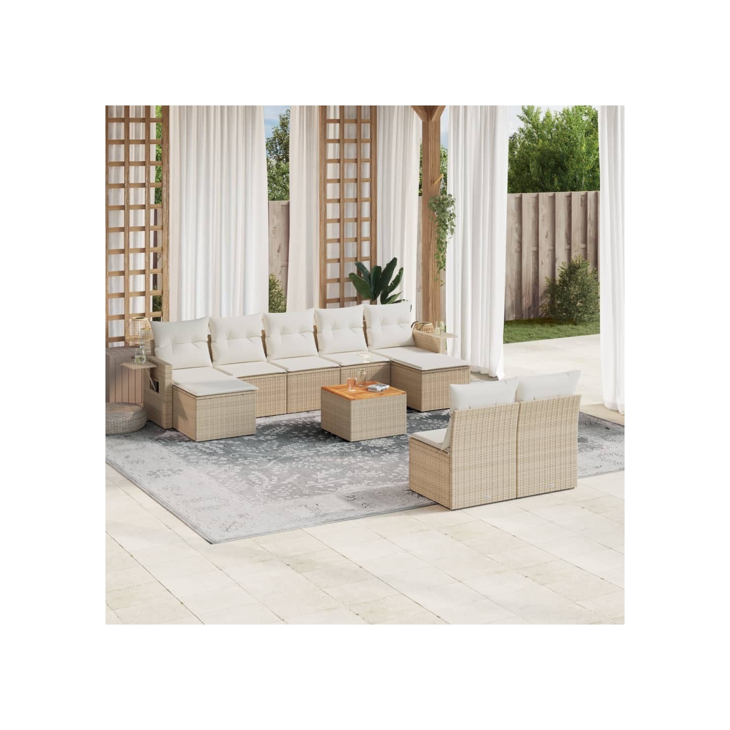 Salon de jardin avec coussins 10 pcs beige résine tressée