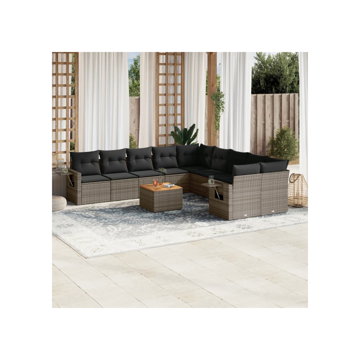 Salon de jardin 11 pcs avec coussins gris résine tressée