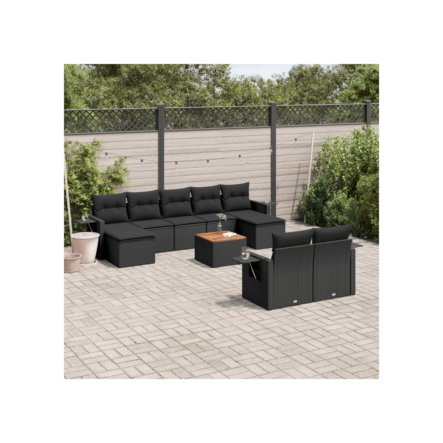 Salon de jardin 10 pcs avec coussins noir résine tressée