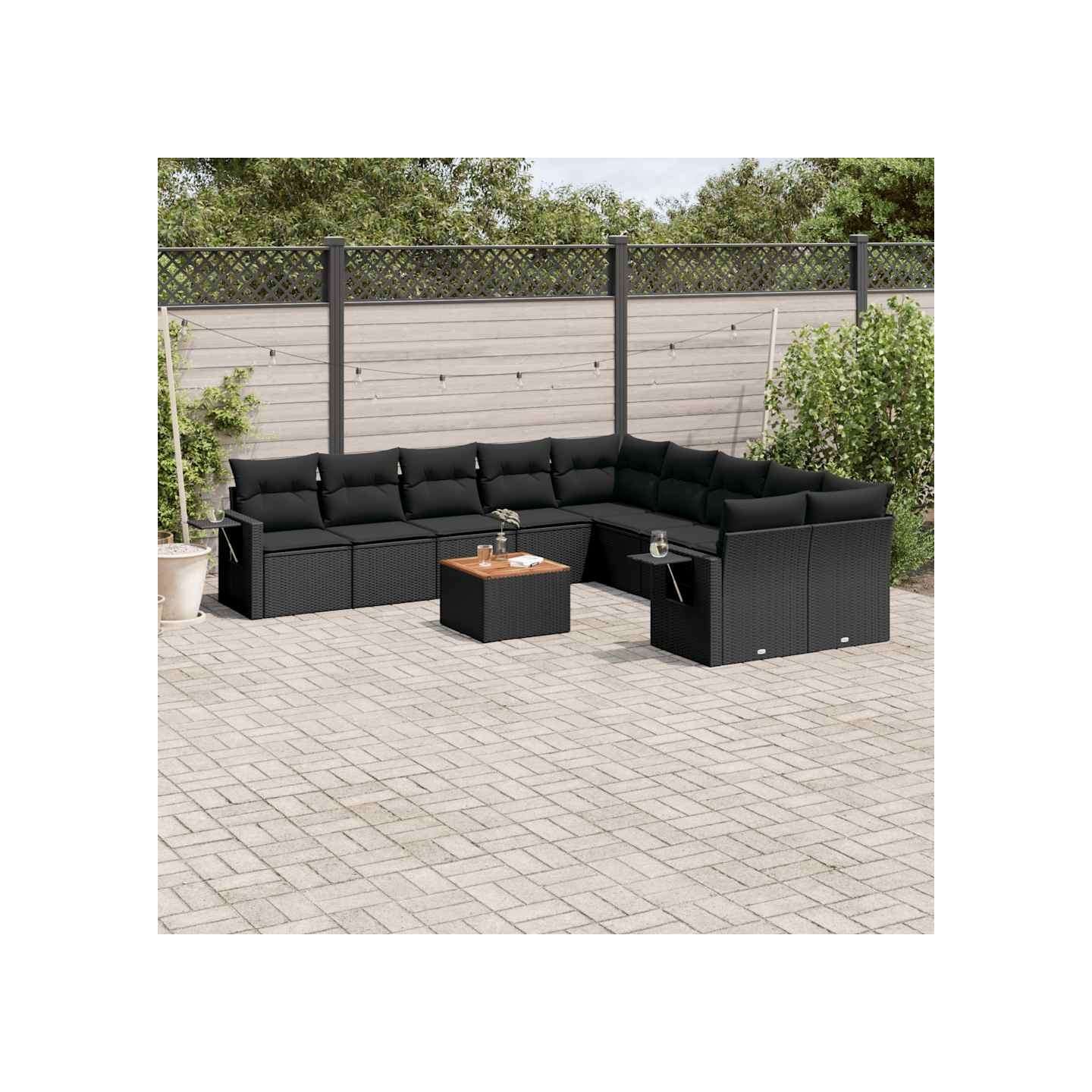 Salon de jardin 11 pcs avec coussins noir résine tressée