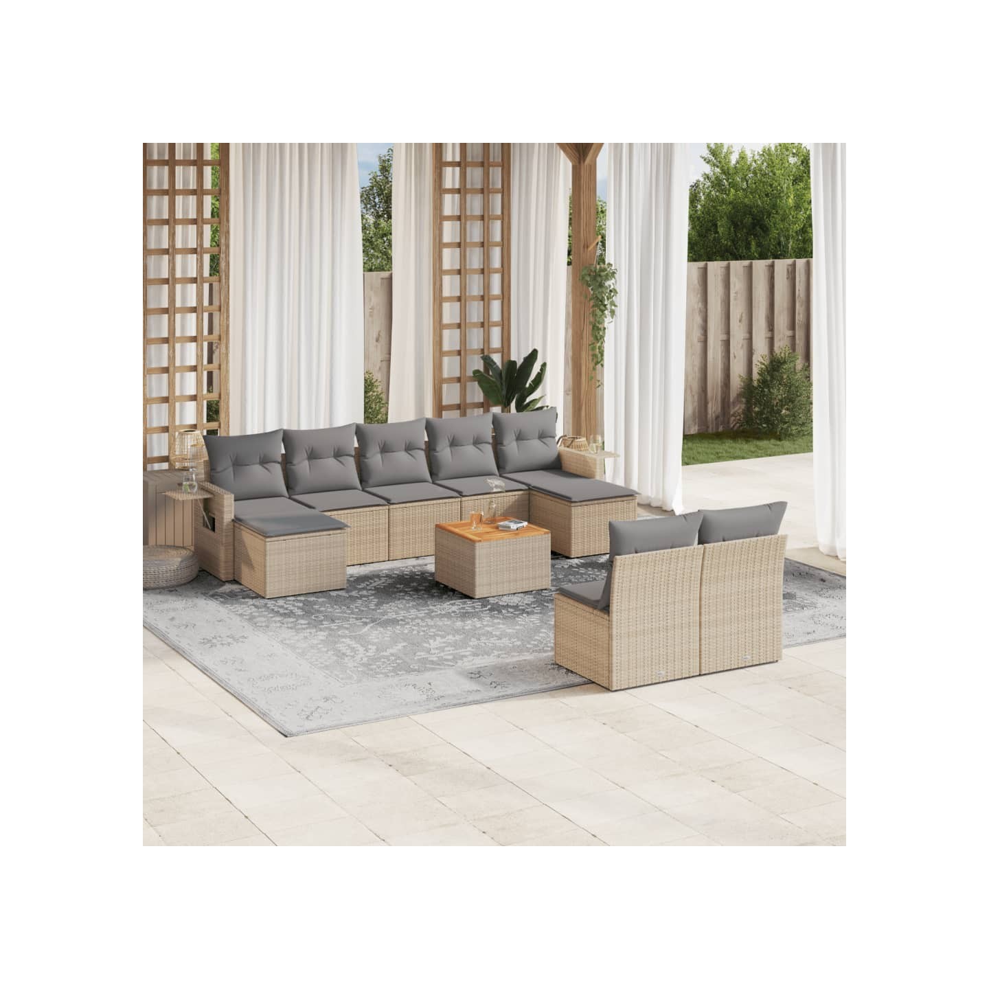 Salon de jardin avec coussins 10 pcs beige résine tressée