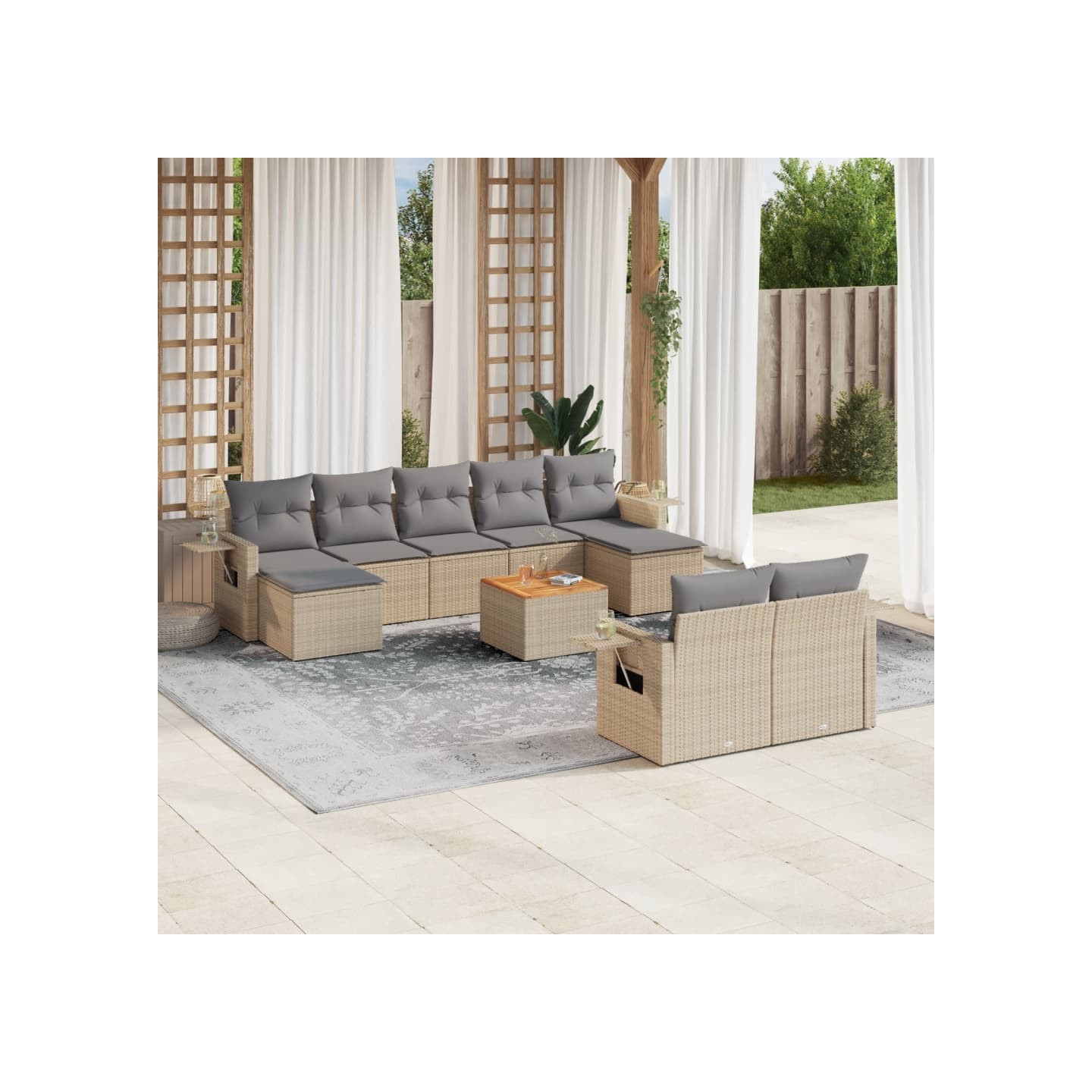 Salon de jardin avec coussins 10 pcs beige résine tressée