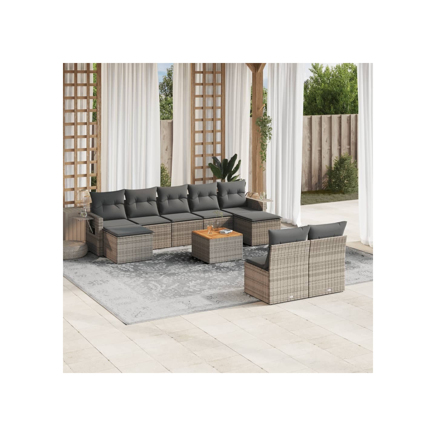 Salon de jardin avec coussins 10 pcs gris résine tressée