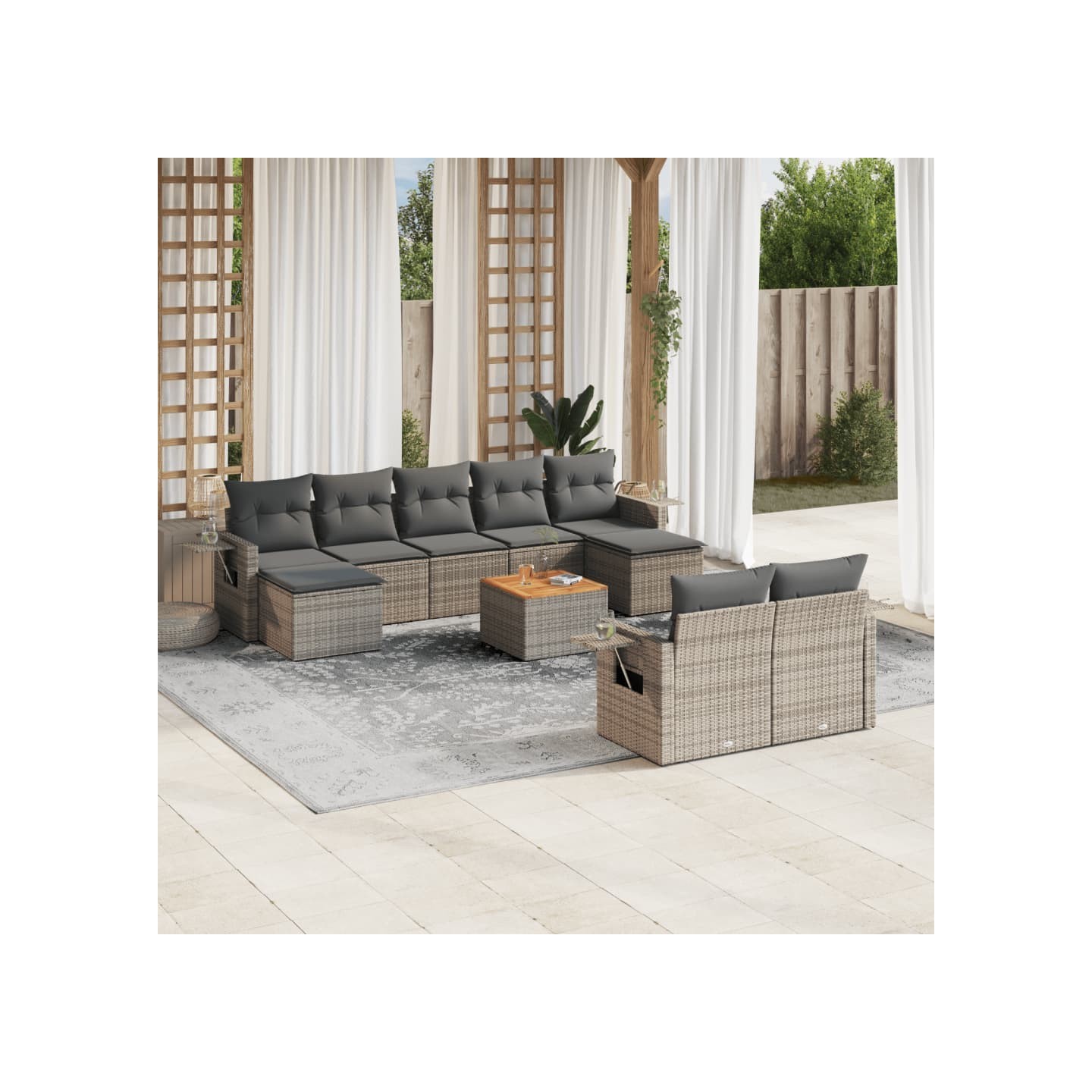 Salon de jardin avec coussins 10 pcs gris résine tressée