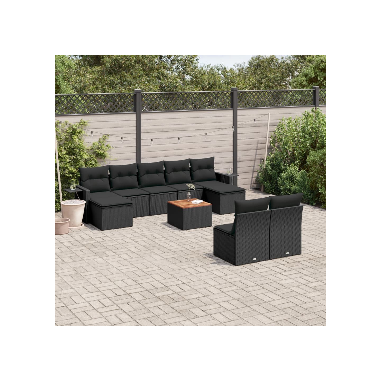 Salon de jardin 10 pcs avec coussins noir résine tressée