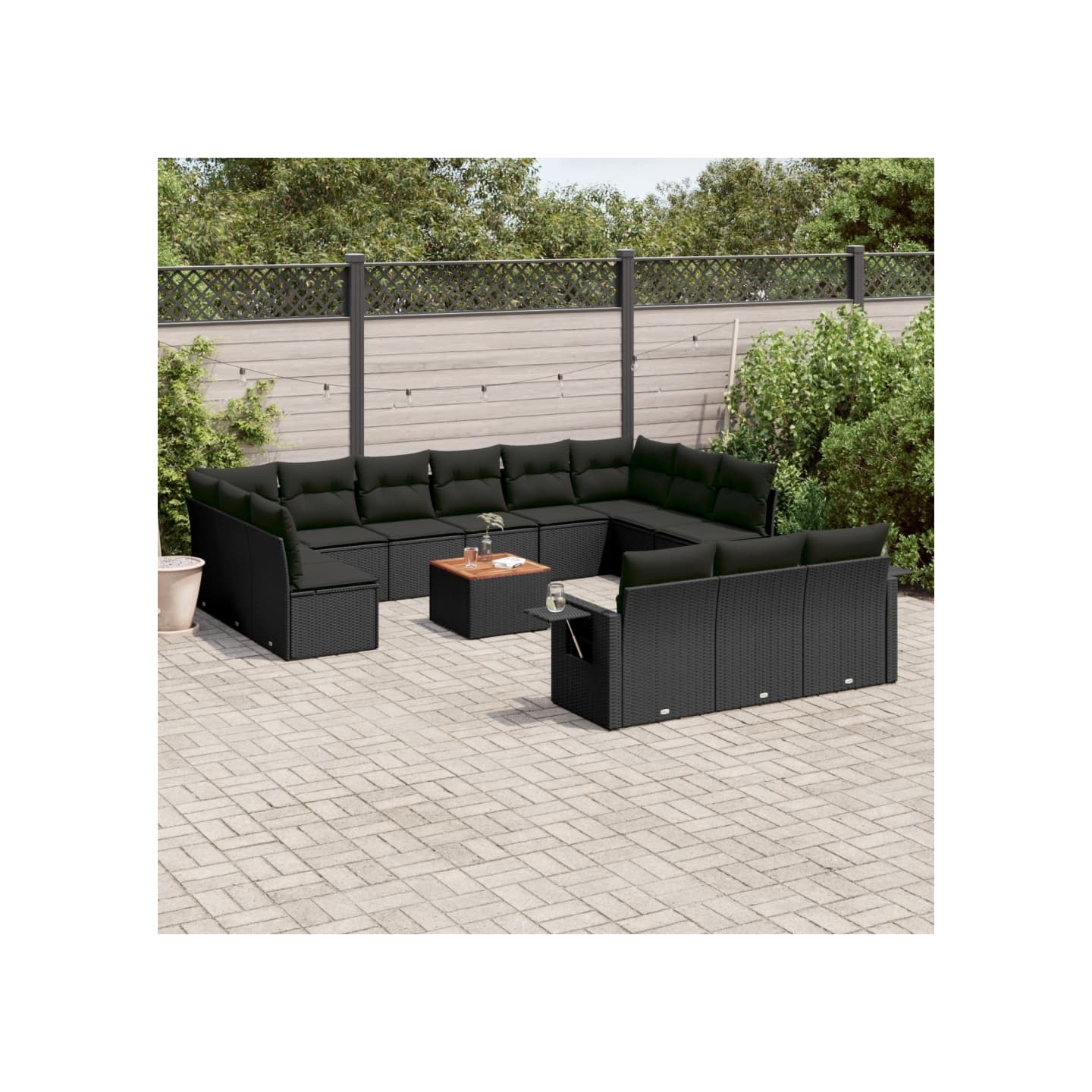 Salon de jardin avec coussins 14 pcs noir résine tressée