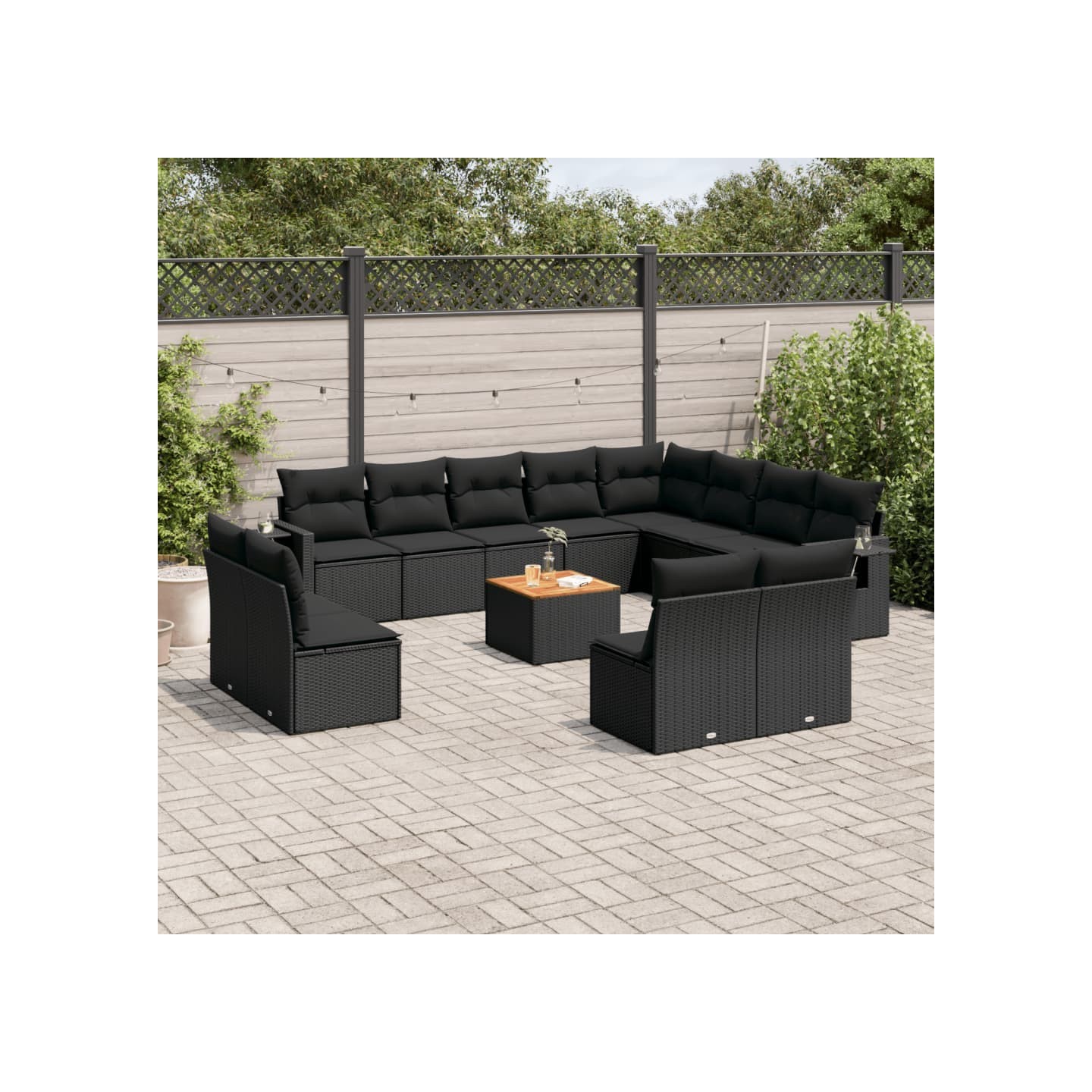 Salon de jardin avec coussins 13 pcs noir résine tressée