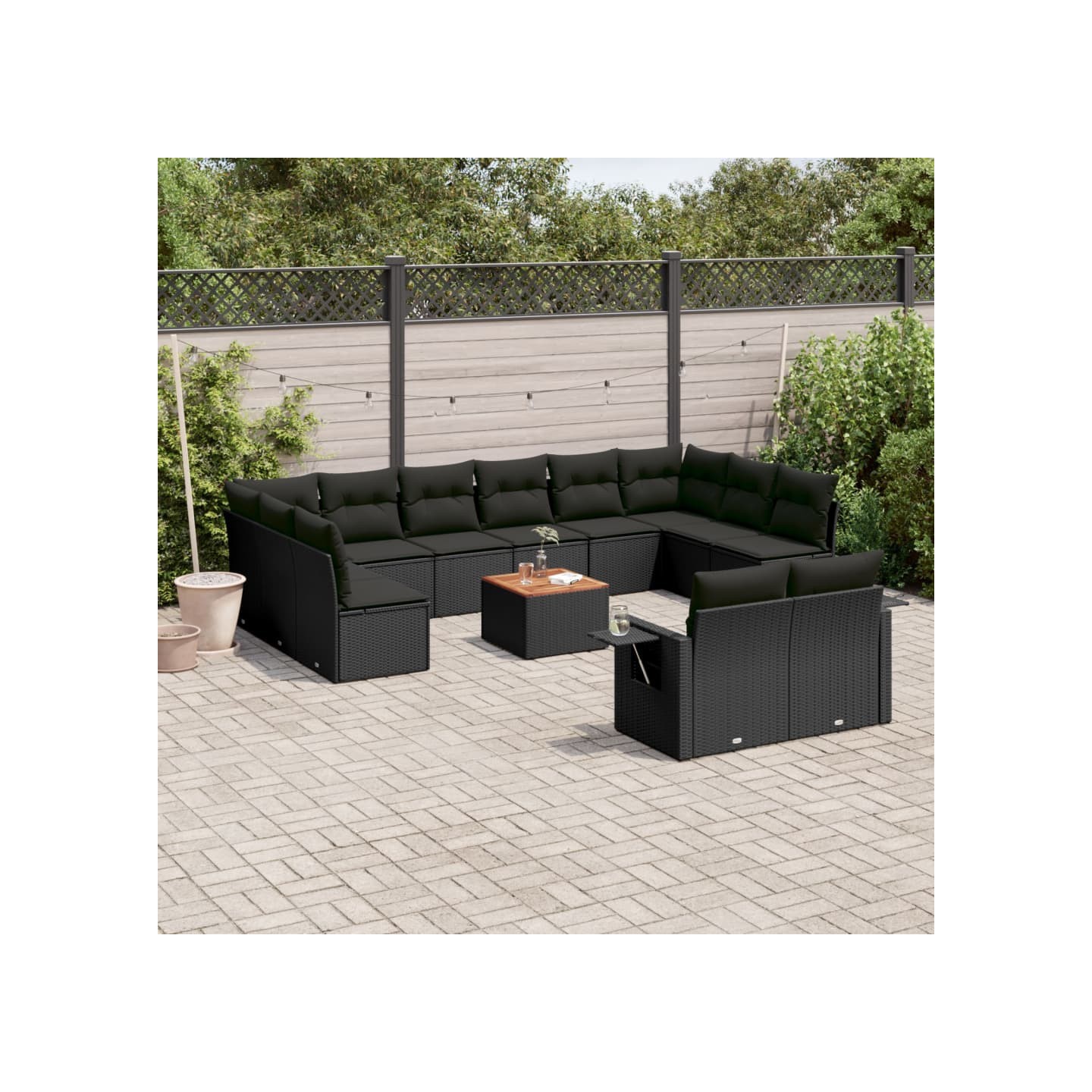 Salon de jardin avec coussins 13 pcs noir résine tressée
