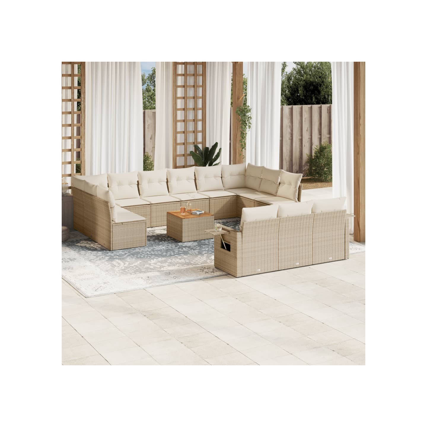 Salon de jardin avec coussins 14 pcs beige résine tressée
